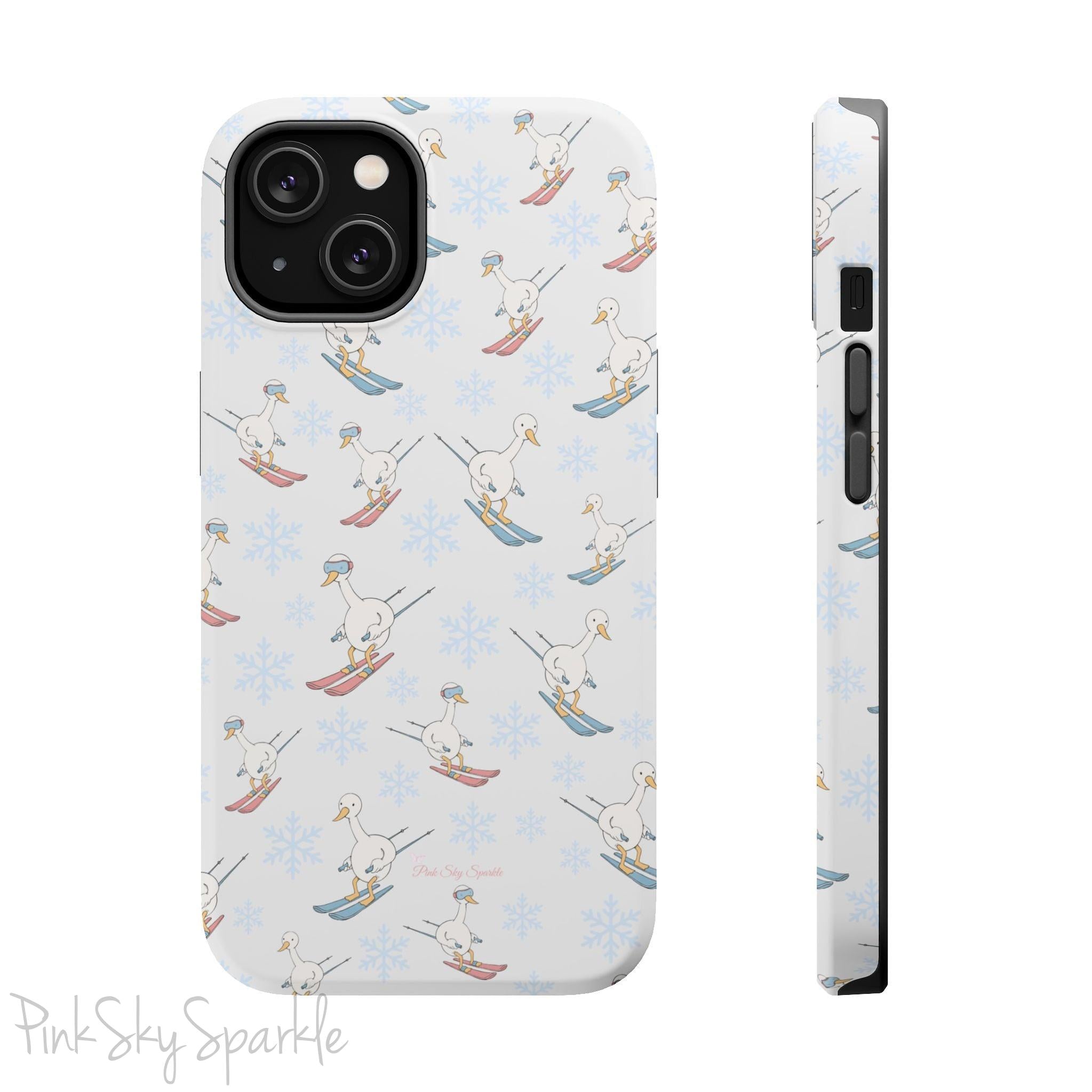 Silly Goose Magnetic iPhone Case. A whimsical iPhone case with a white background featuring illustrated geese skiing