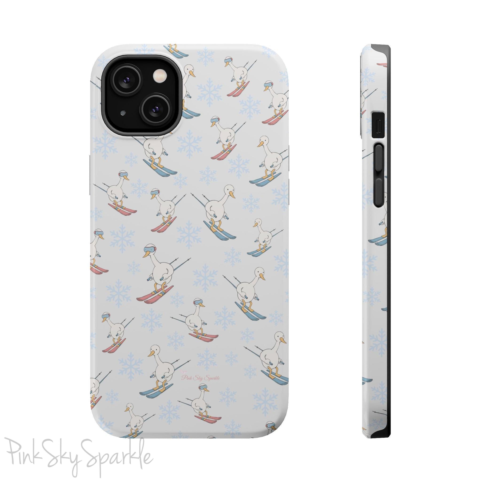 Silly Goose Magnetic iPhone Case. A whimsical iPhone case with a white background featuring illustrated geese skiing. A whimsical iPhone case with a white background featuring illustrated geese skiing