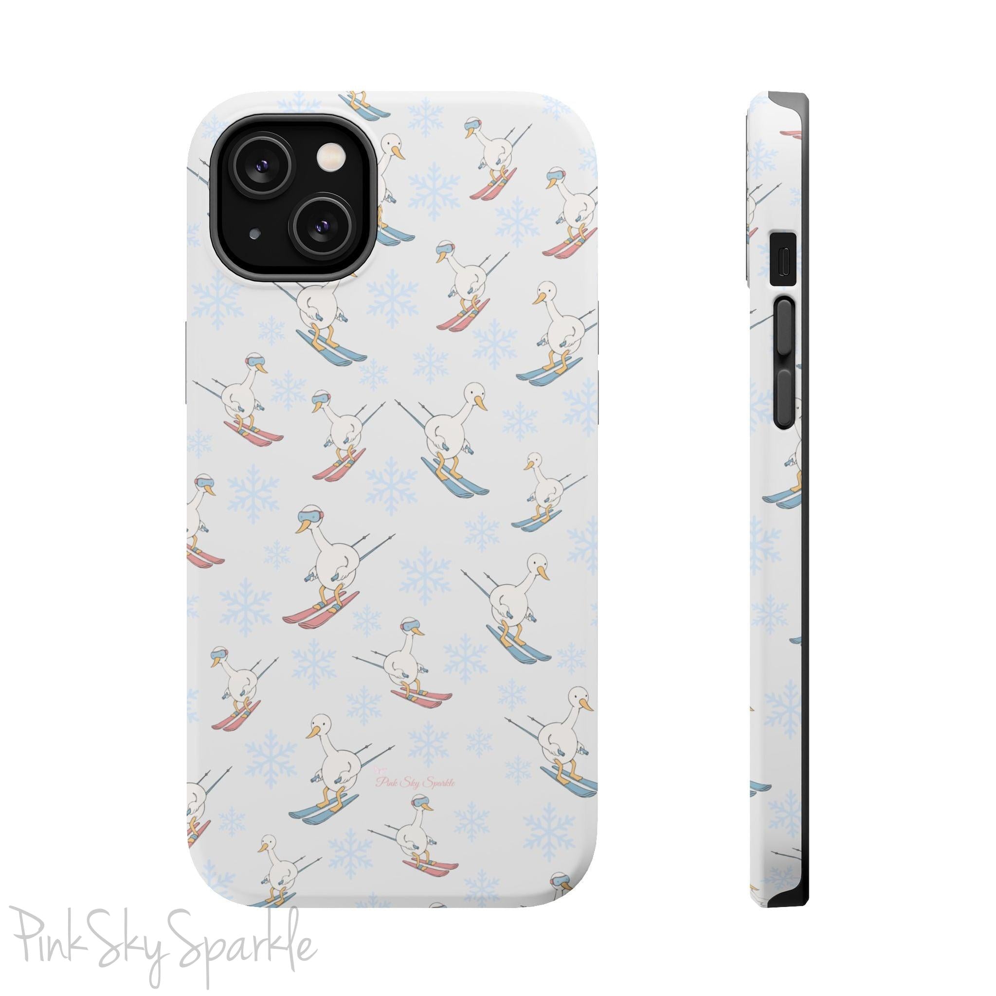 Silly Goose Magnetic iPhone Case. A whimsical iPhone case with a white background featuring illustrated geese skiing