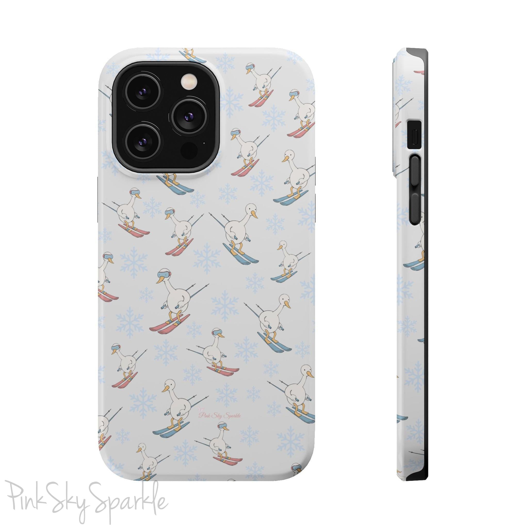 Silly Goose Magnetic iPhone Case. A whimsical iPhone case with a white background featuring illustrated geese skiing