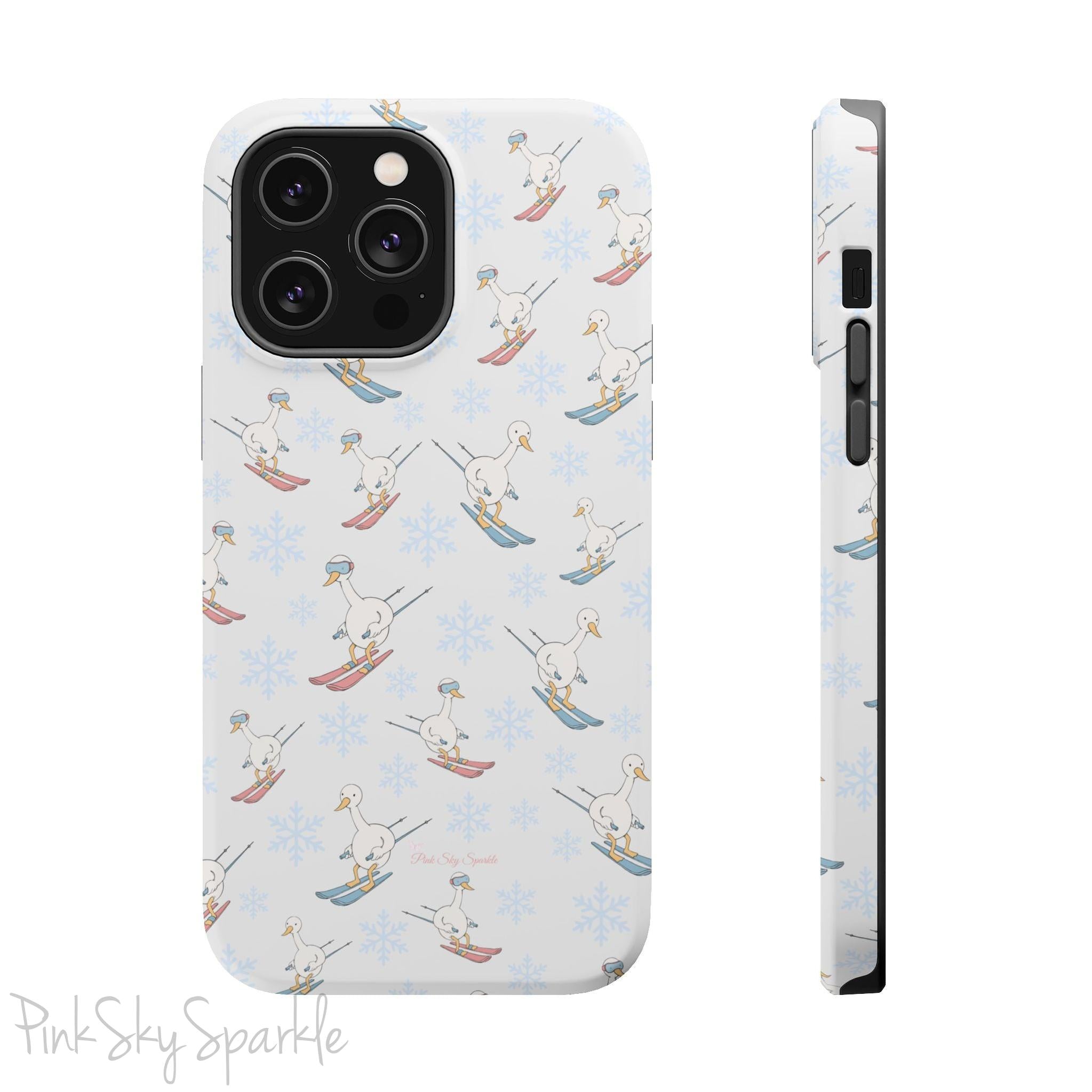 Silly Goose Magnetic iPhone Case. A whimsical iPhone case with a white background featuring illustrated geese skiing
