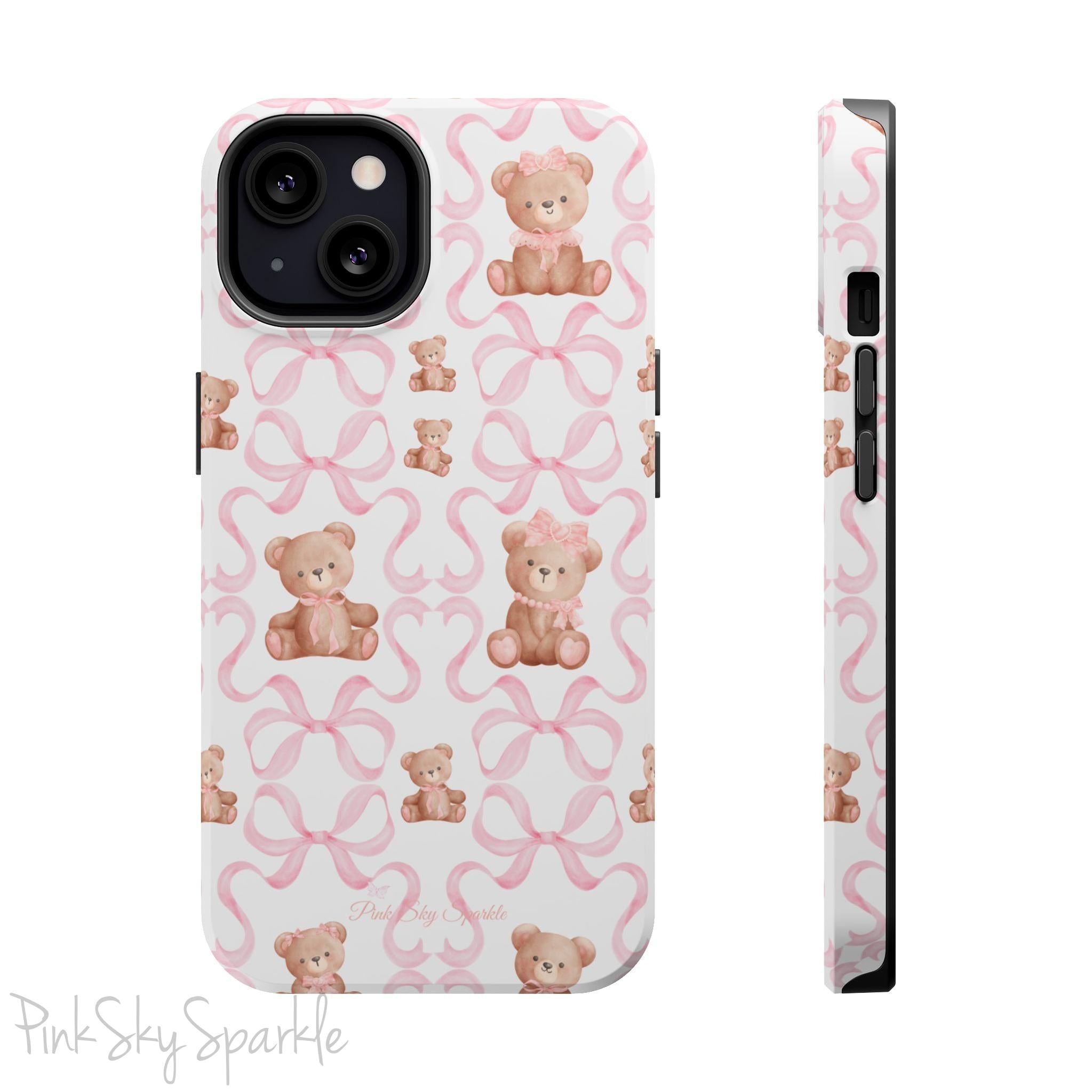 Teddy Bear Coquette Magnetic iPhone Case. A white phone case, featuring charming pink bows and cute brown teddy bears dressed in pink bows.