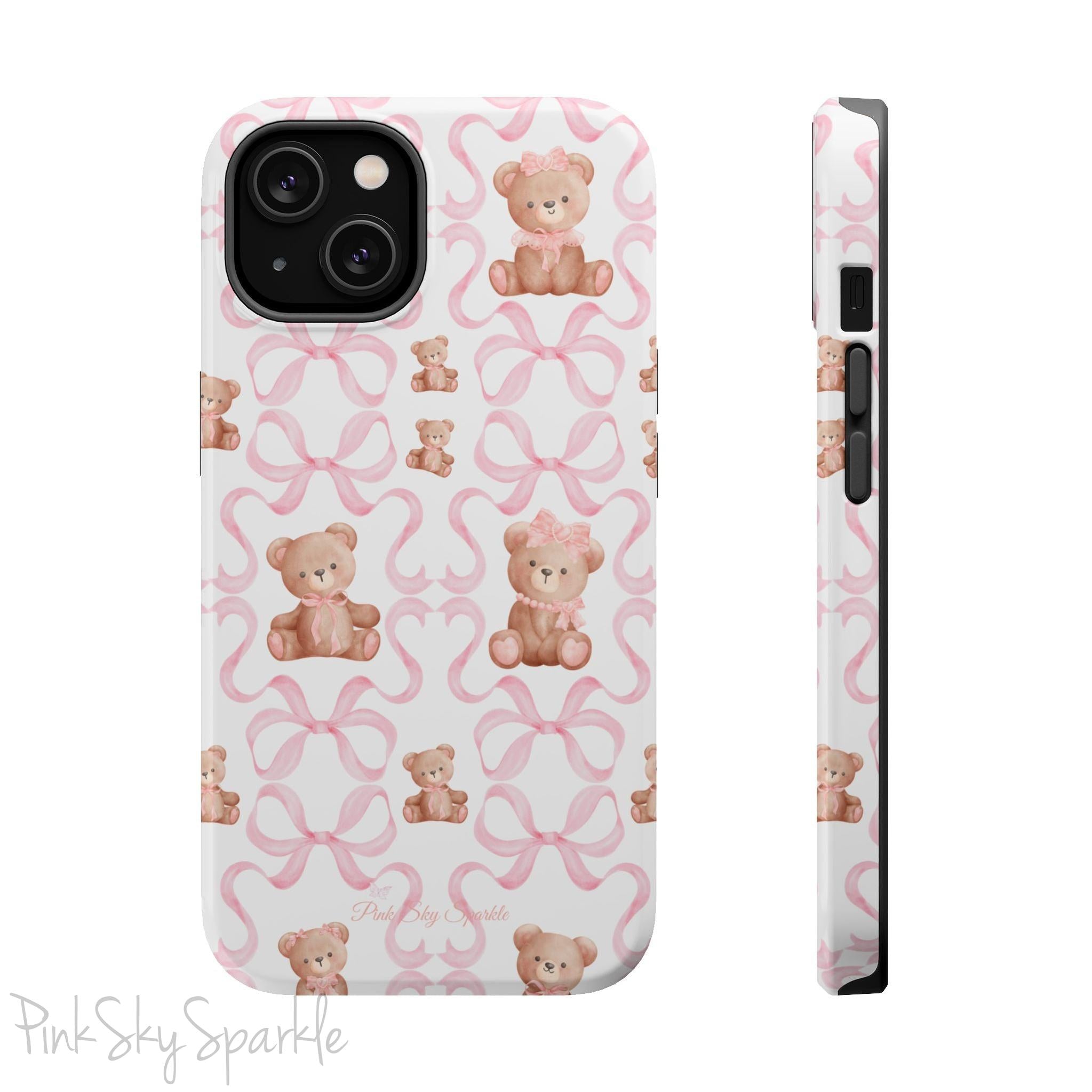 Teddy Bear Coquette Magnetic iPhone Case. A white phone case, featuring charming pink bows and cute brown teddy bears dressed in pink bows.