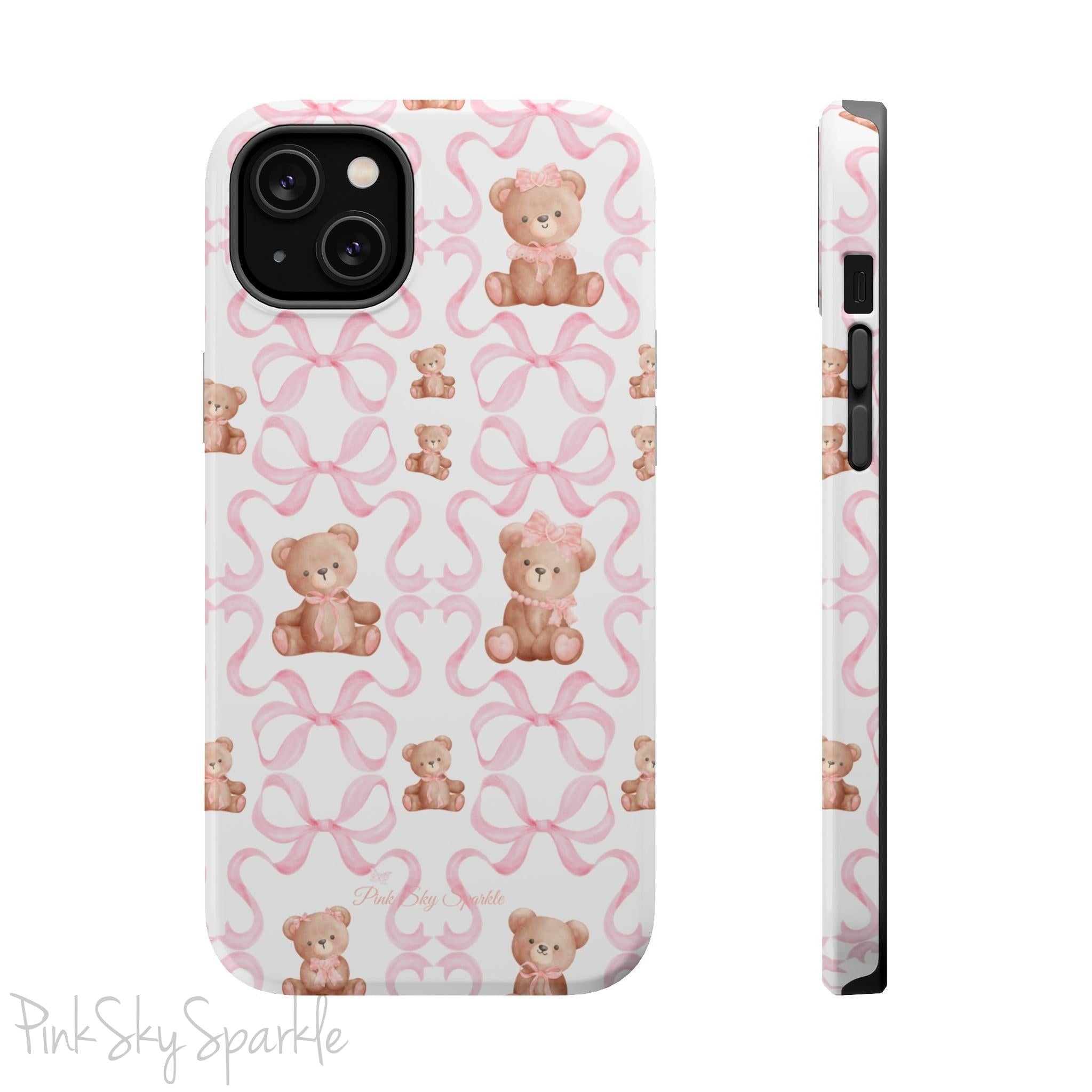 Teddy Bear Coquette Magnetic iPhone Case. A white phone case, featuring charming pink bows and cute brown teddy bears dressed in pink bows.