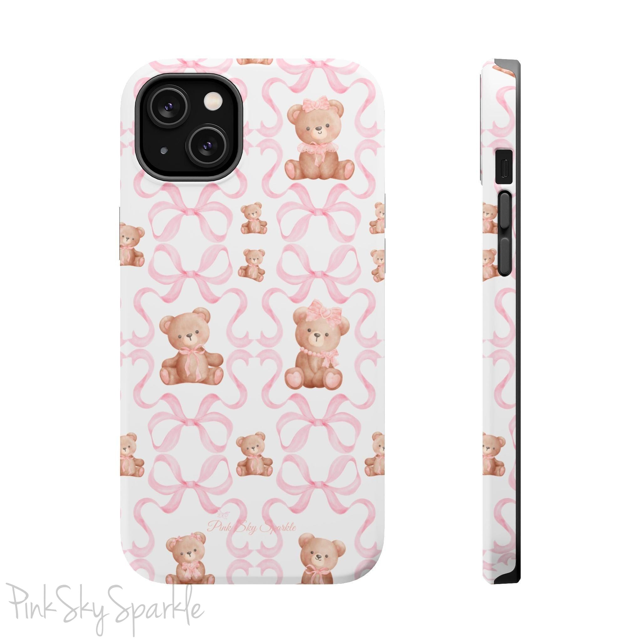 Teddy Bear Coquette Magnetic iPhone Case. A white phone case, featuring charming pink bows and cute brown teddy bears dressed in pink bows.