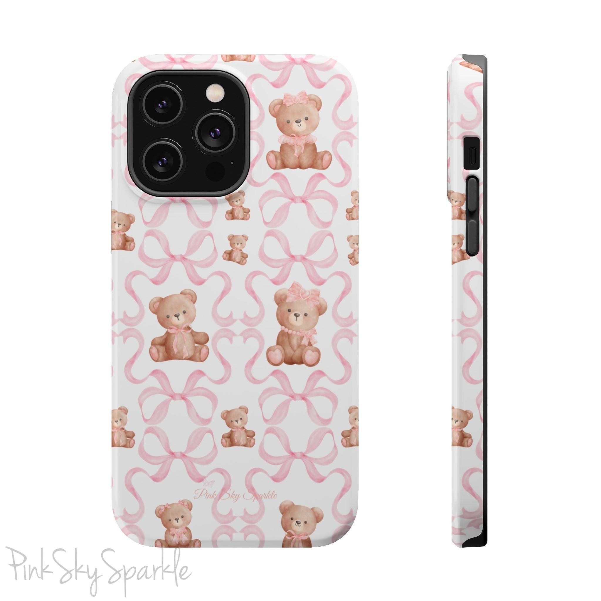 Teddy Bear Coquette Magnetic iPhone Case. A white phone case, featuring charming pink bows and cute brown teddy bears dressed in pink bows.