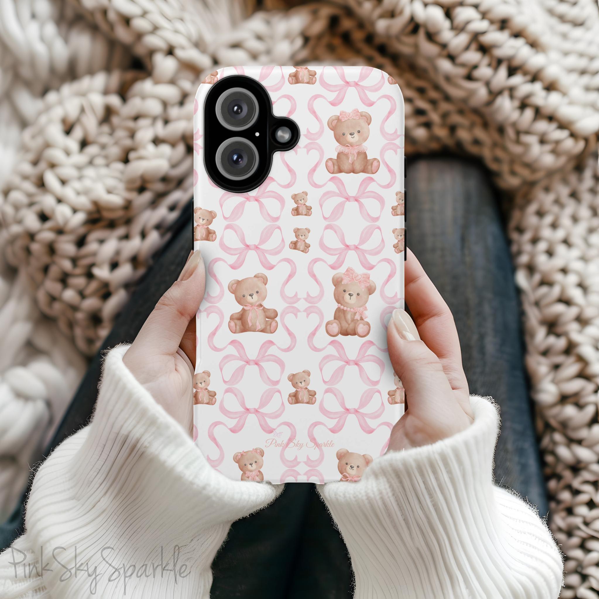 Teddy Bear Coquette Magnetic iPhone Case. A white phone case, featuring charming pink bows and cute brown teddy bears dressed in pink bows.