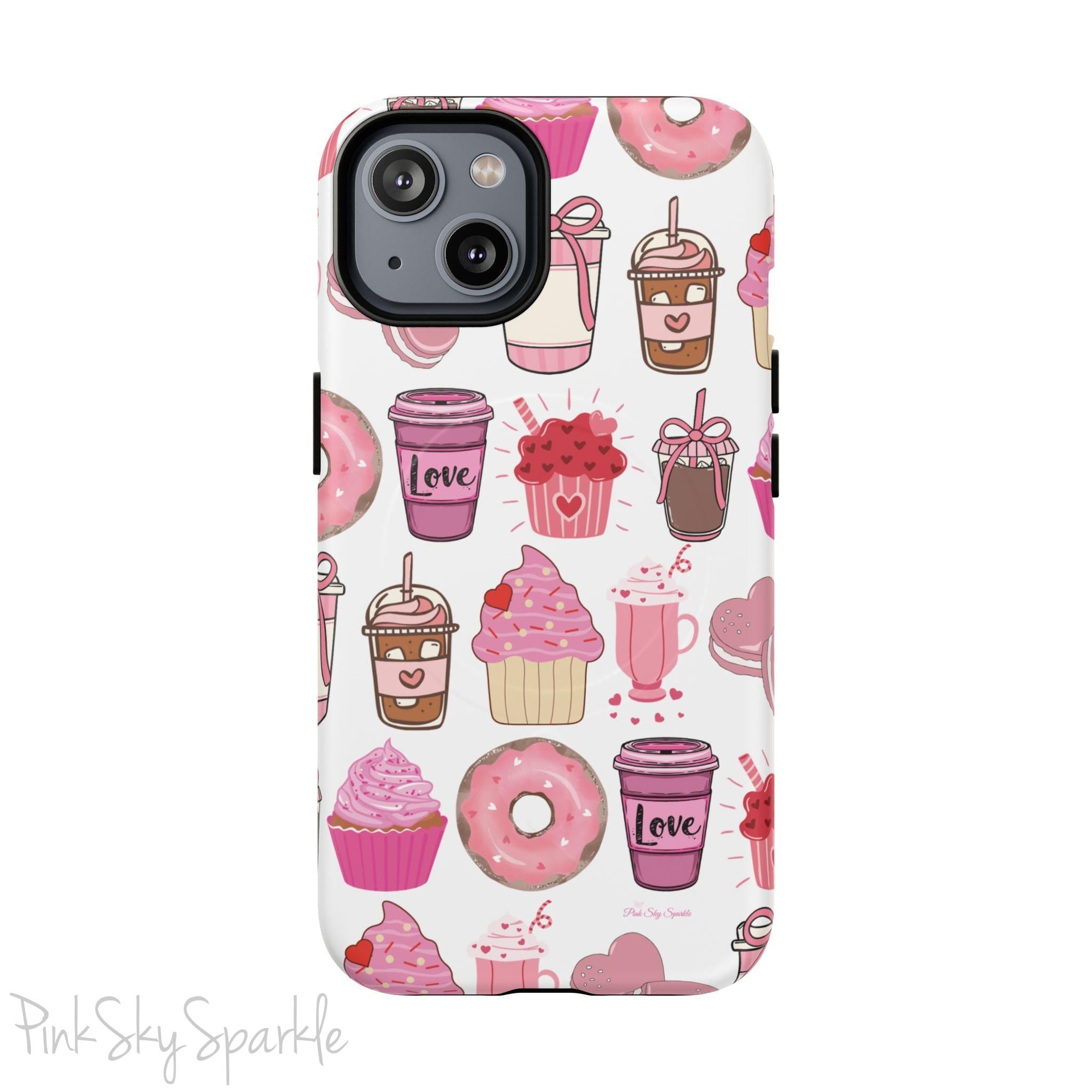 Magnetic iPhone case featuring a Valentine’s Day-themed design with pink cupcakes, donuts, coffee cups, and sweets on a white background, perfect for festive protection and style.