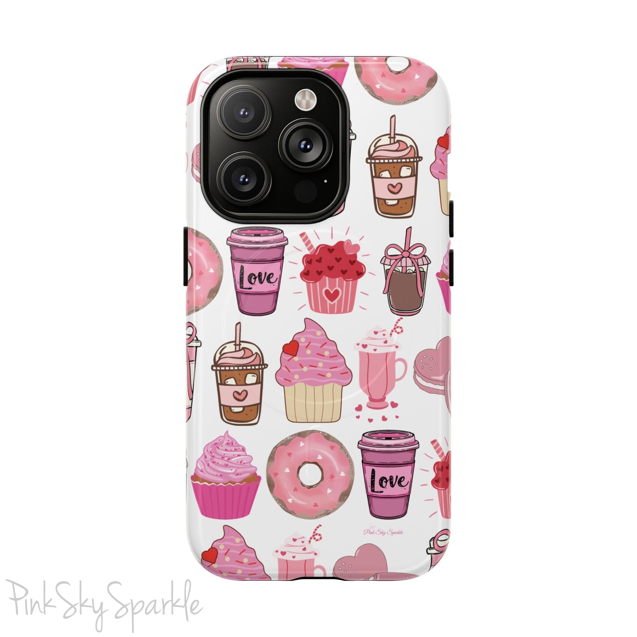 Magnetic iPhone case featuring a Valentine’s Day-themed design with pink cupcakes, donuts, coffee cups, and sweets on a white background, perfect for festive protection and style.