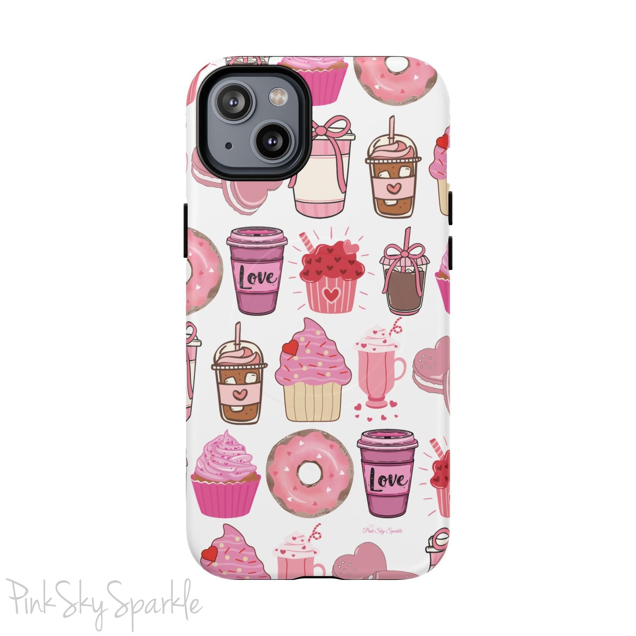 Magnetic iPhone case featuring a Valentine’s Day-themed design with pink cupcakes, donuts, coffee cups, and sweets on a white background, perfect for festive protection and style.