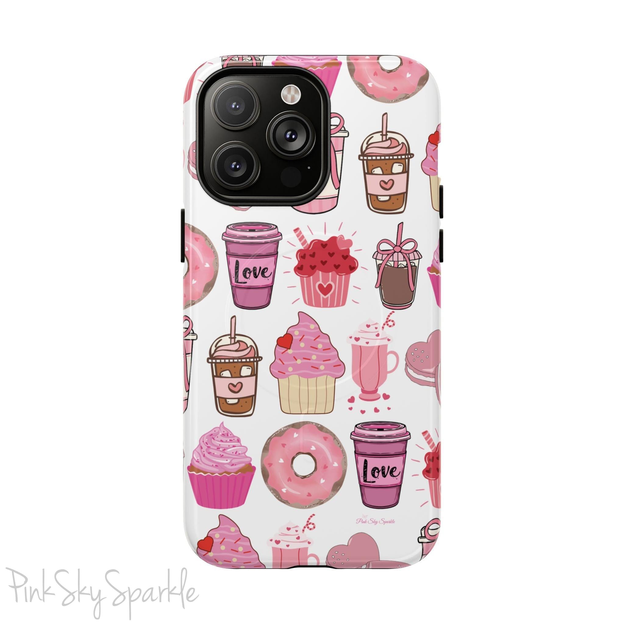 Magnetic iPhone case featuring a Valentine’s Day-themed design with pink cupcakes, donuts, coffee cups, and sweets on a white background, perfect for festive protection and style.