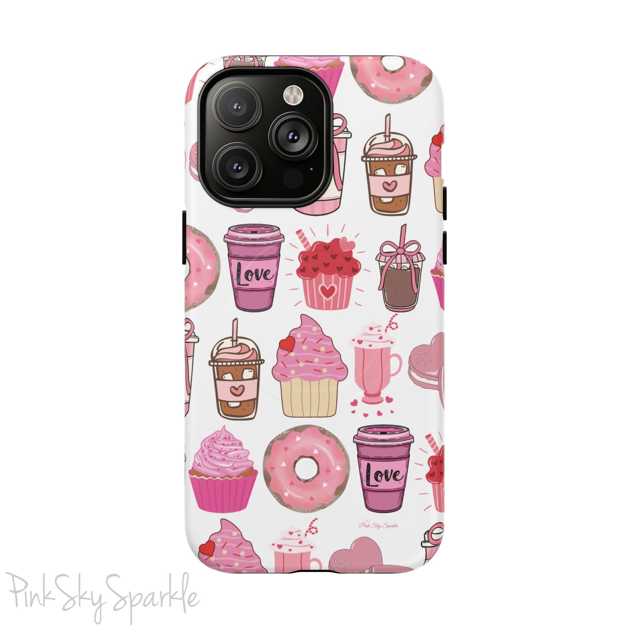 Magnetic iPhone case featuring a Valentine’s Day-themed design with pink cupcakes, donuts, coffee cups, and sweets on a white background, perfect for festive protection and style.