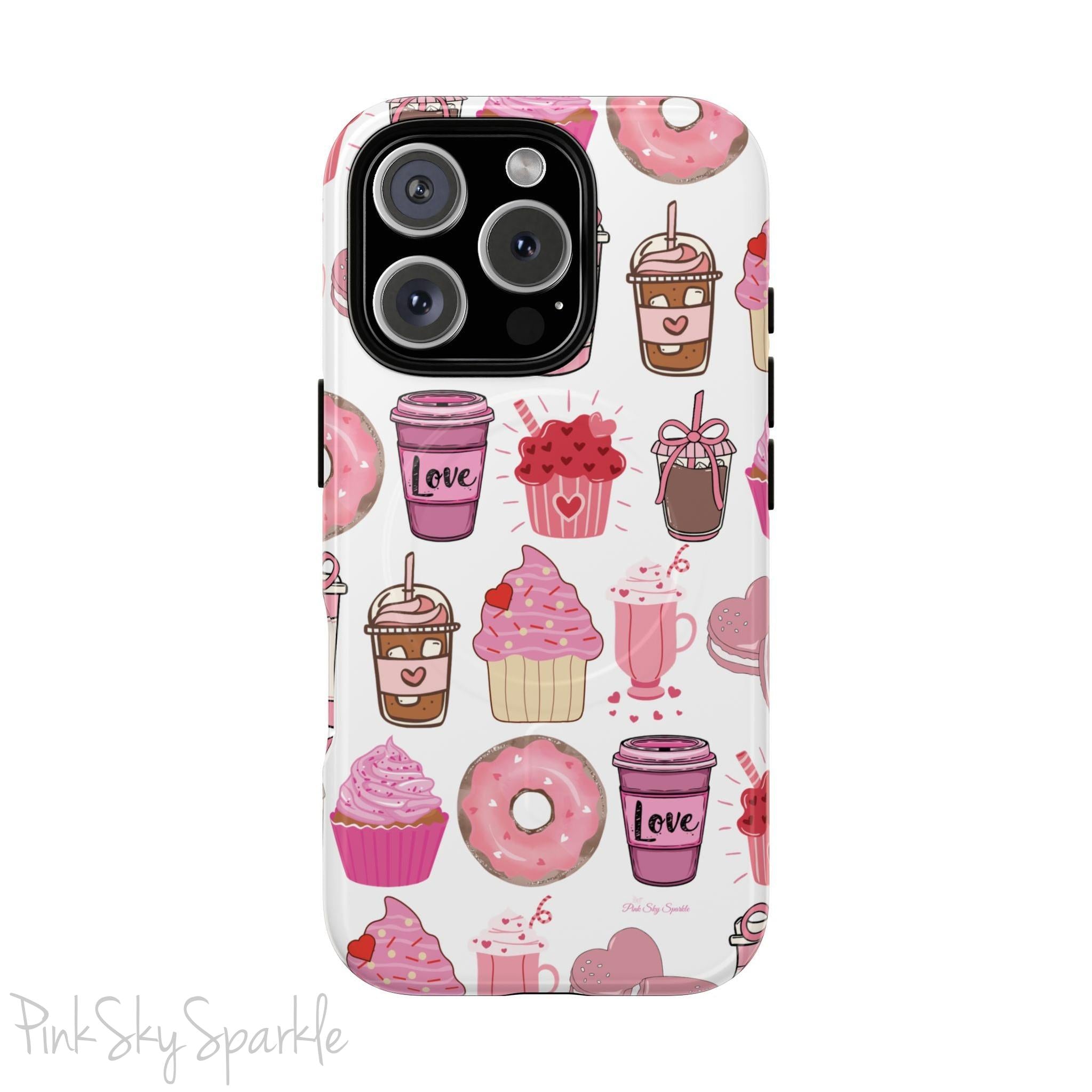 Magnetic iPhone case featuring a Valentine’s Day-themed design with pink cupcakes, donuts, coffee cups, and sweets on a white background, perfect for festive protection and style.