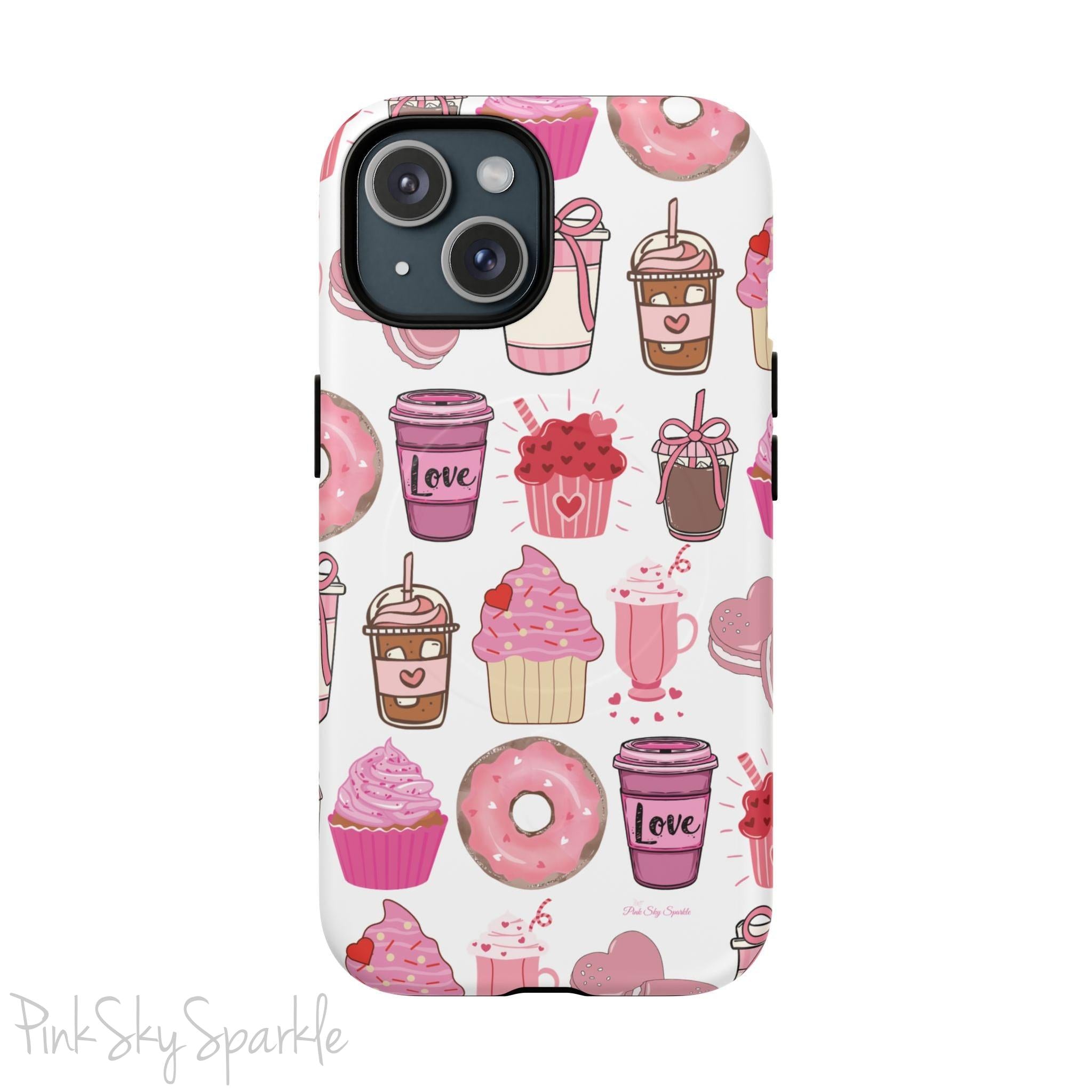 Magnetic iPhone case featuring a Valentine’s Day-themed design with pink cupcakes, donuts, coffee cups, and sweets on a white background, perfect for festive protection and style.