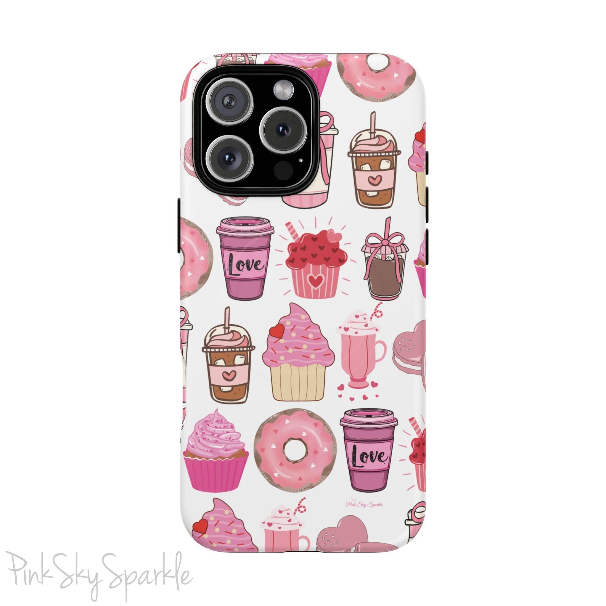 Magnetic iPhone case featuring a Valentine’s Day-themed design with pink cupcakes, donuts, coffee cups, and sweets on a white background, perfect for festive protection and style.
