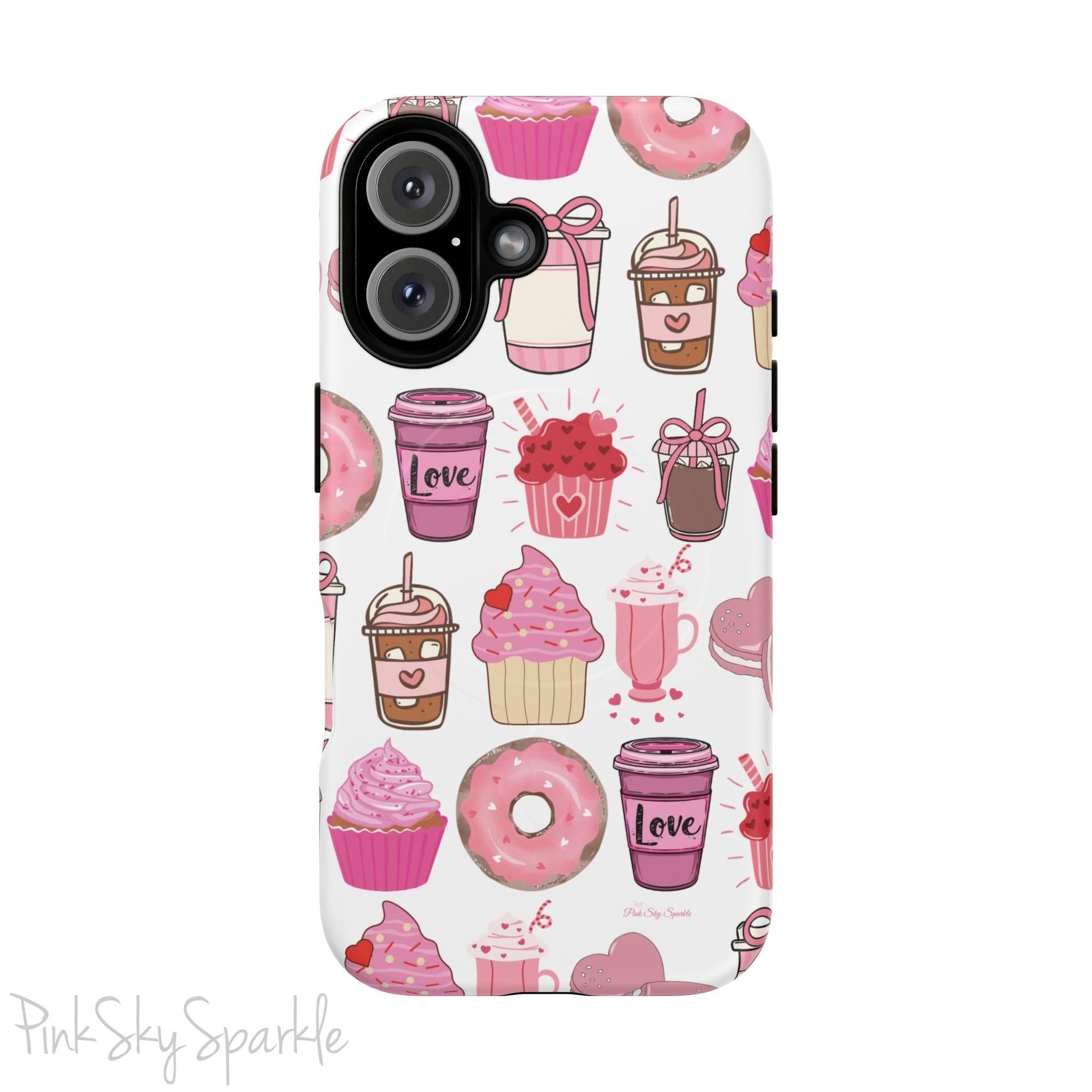 Magnetic iPhone case featuring a Valentine’s Day-themed design with pink cupcakes, donuts, coffee cups, and sweets on a white background, perfect for festive protection and style.