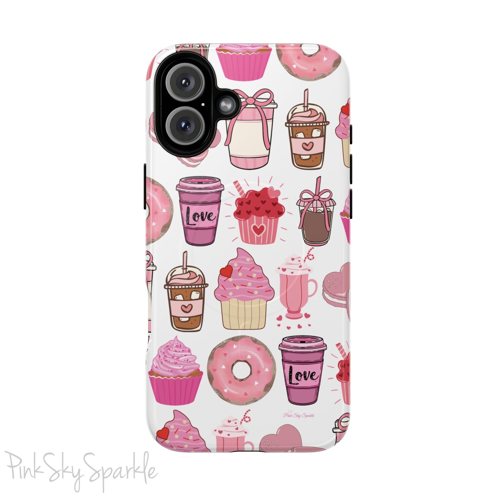 Magnetic iPhone case featuring a Valentine’s Day-themed design with pink cupcakes, donuts, coffee cups, and sweets on a white background, perfect for festive protection and style.