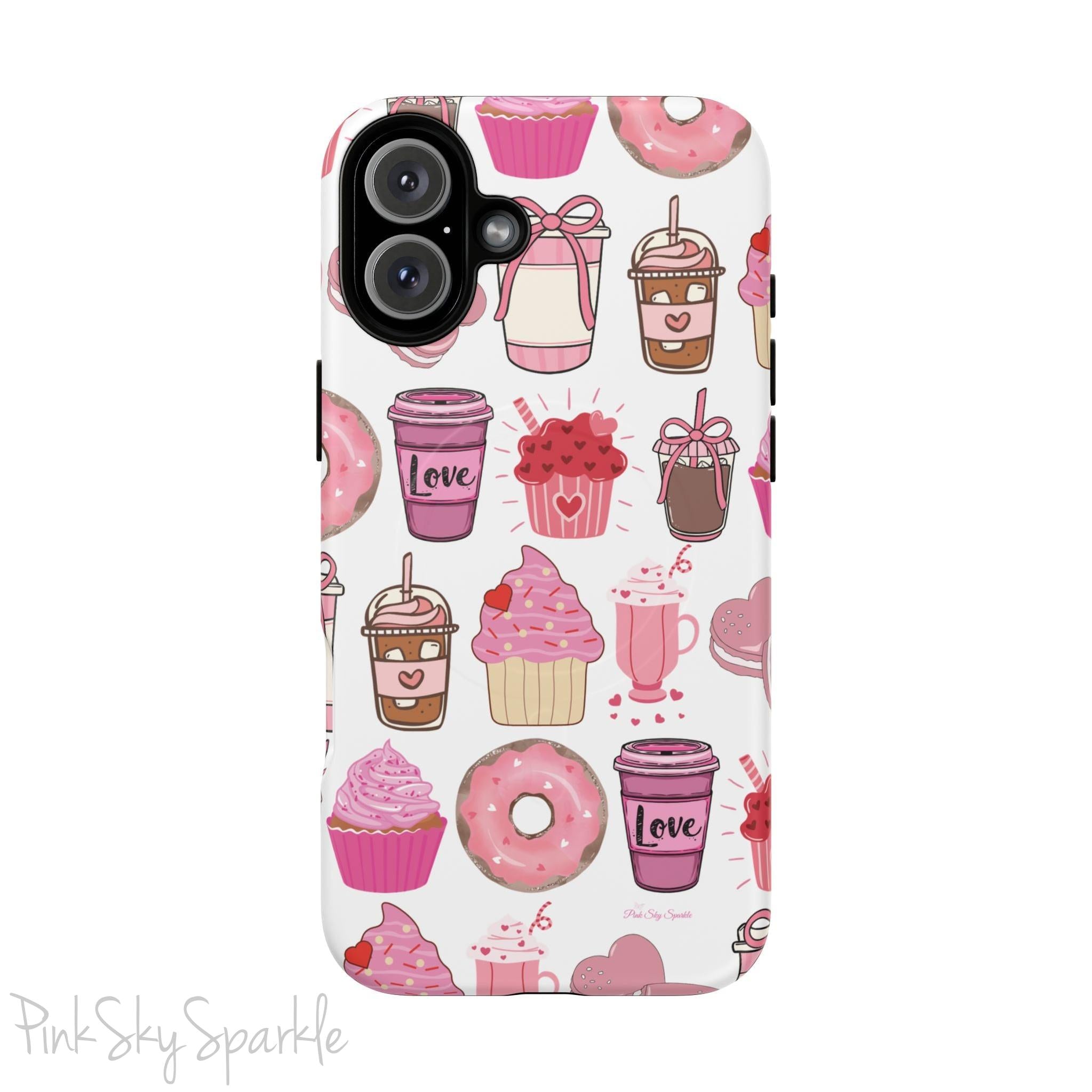 Magnetic iPhone case featuring a Valentine’s Day-themed design with pink cupcakes, donuts, coffee cups, and sweets on a white background, perfect for festive protection and style.