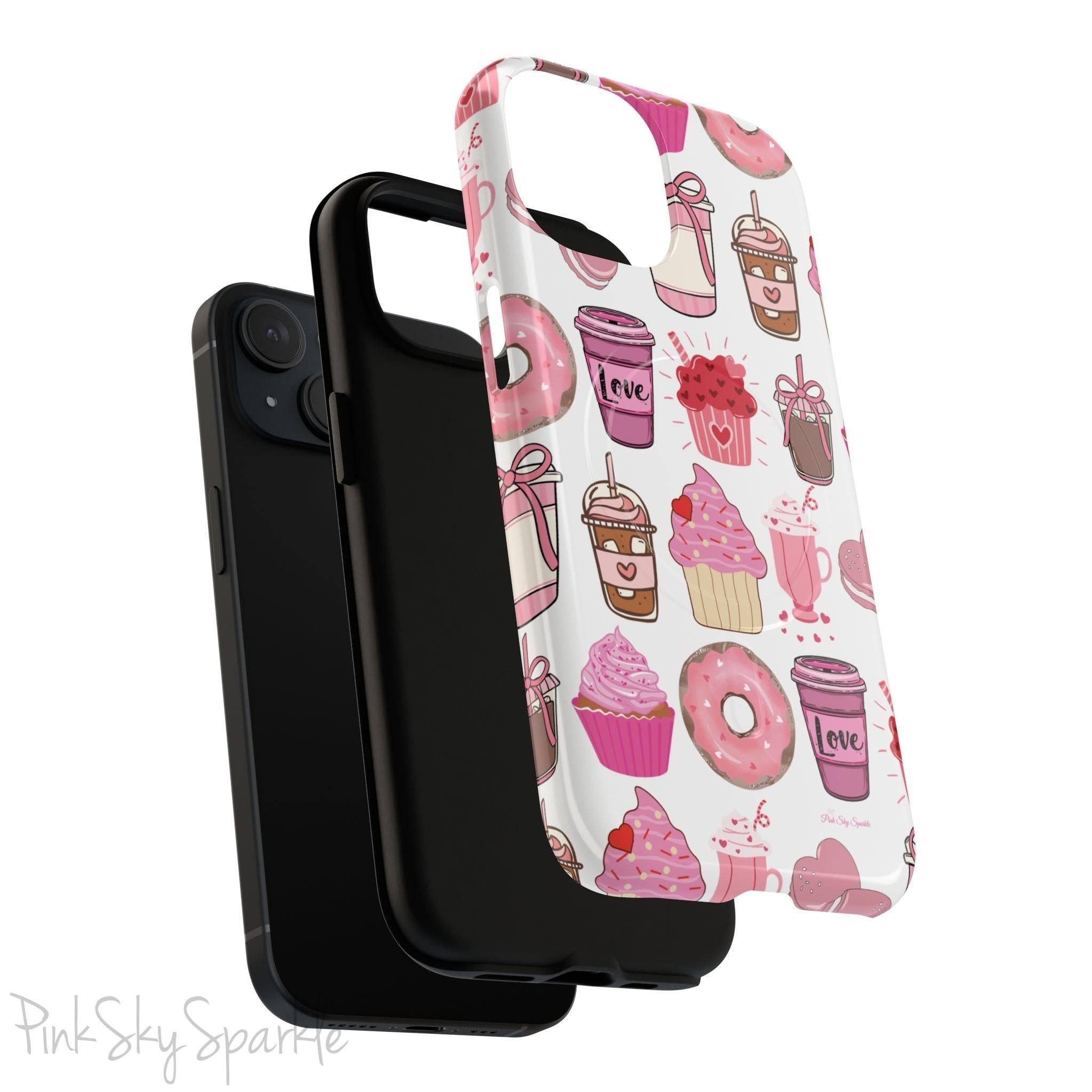 Magnetic iPhone case featuring a Valentine’s Day-themed design with pink cupcakes, donuts, coffee cups, and sweets on a white background, perfect for festive protection and style.
