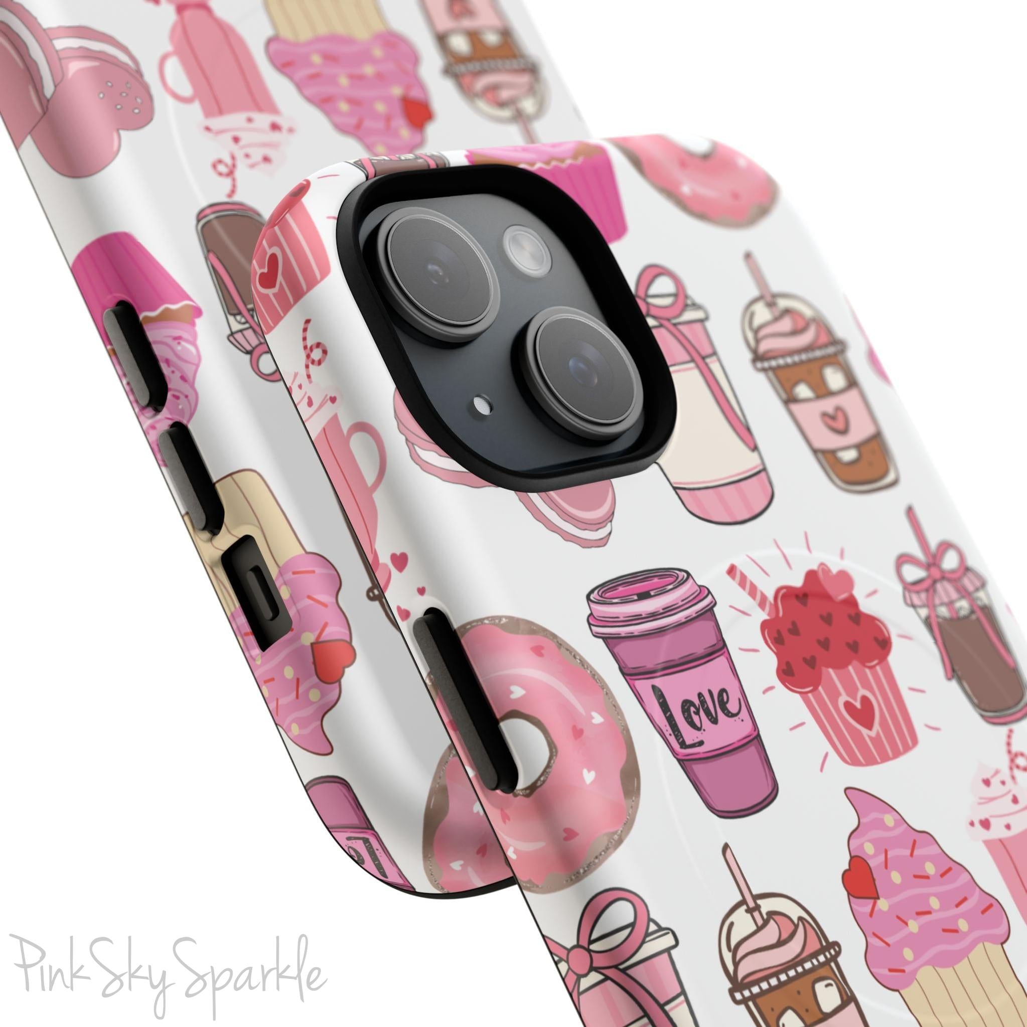 Magnetic iPhone case featuring a Valentine’s Day-themed design with pink cupcakes, donuts, coffee cups, and sweets on a white background, perfect for festive protection and style.