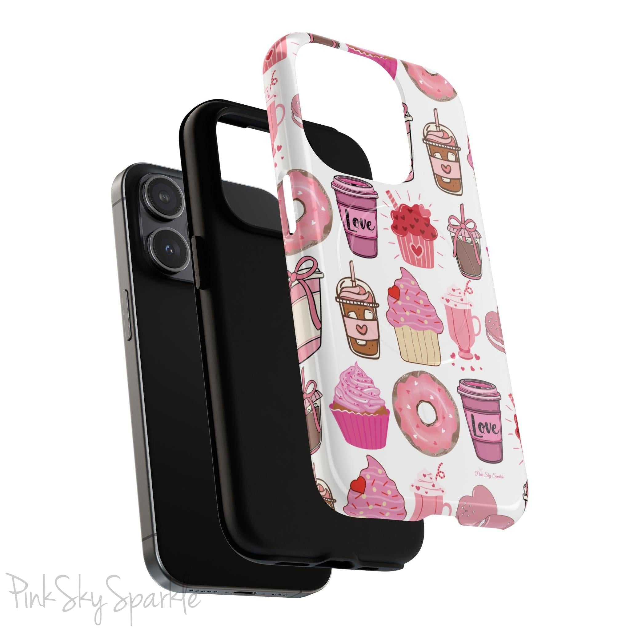 Magnetic iPhone case featuring a Valentine’s Day-themed design with pink cupcakes, donuts, coffee cups, and sweets on a white background, perfect for festive protection and style.