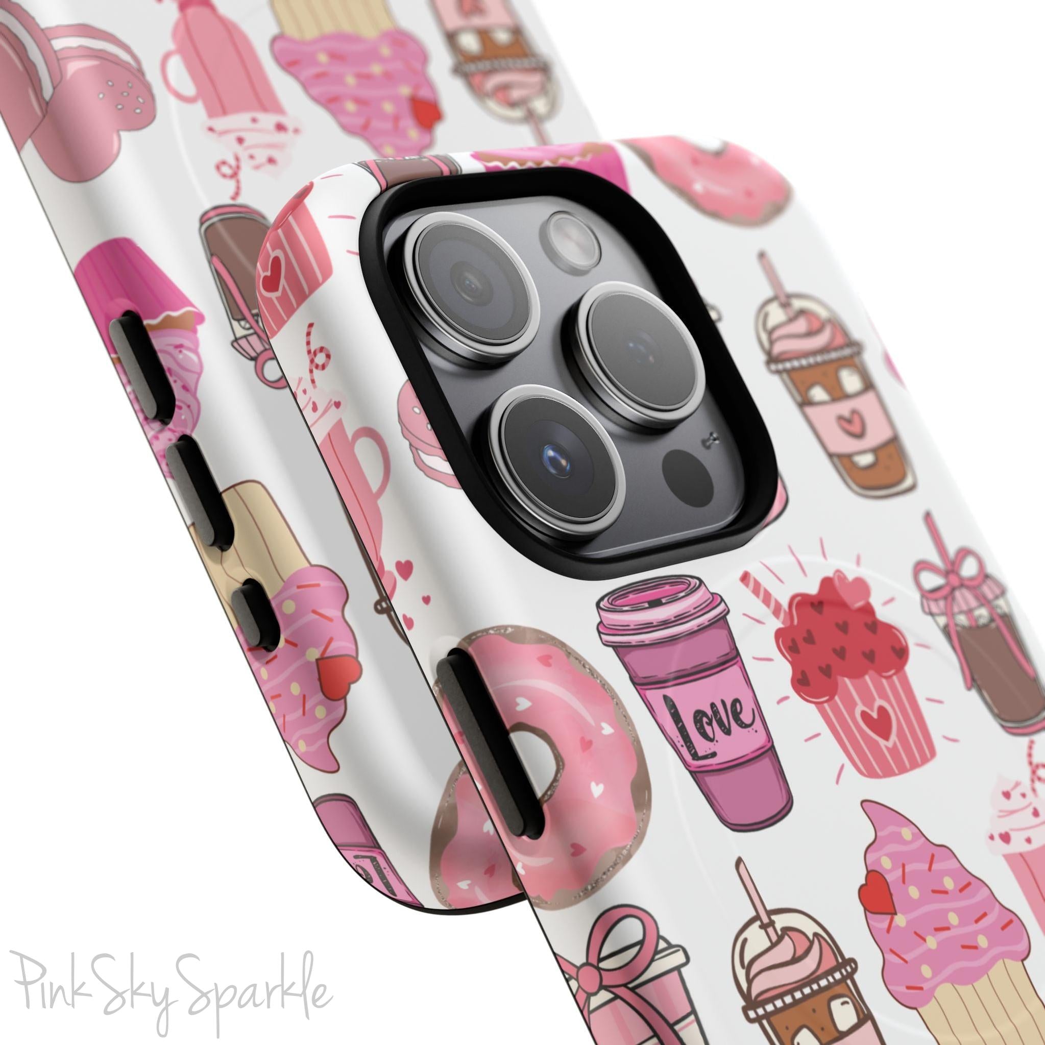 Magnetic iPhone case featuring a Valentine’s Day-themed design with pink cupcakes, donuts, coffee cups, and sweets on a white background, perfect for festive protection and style.