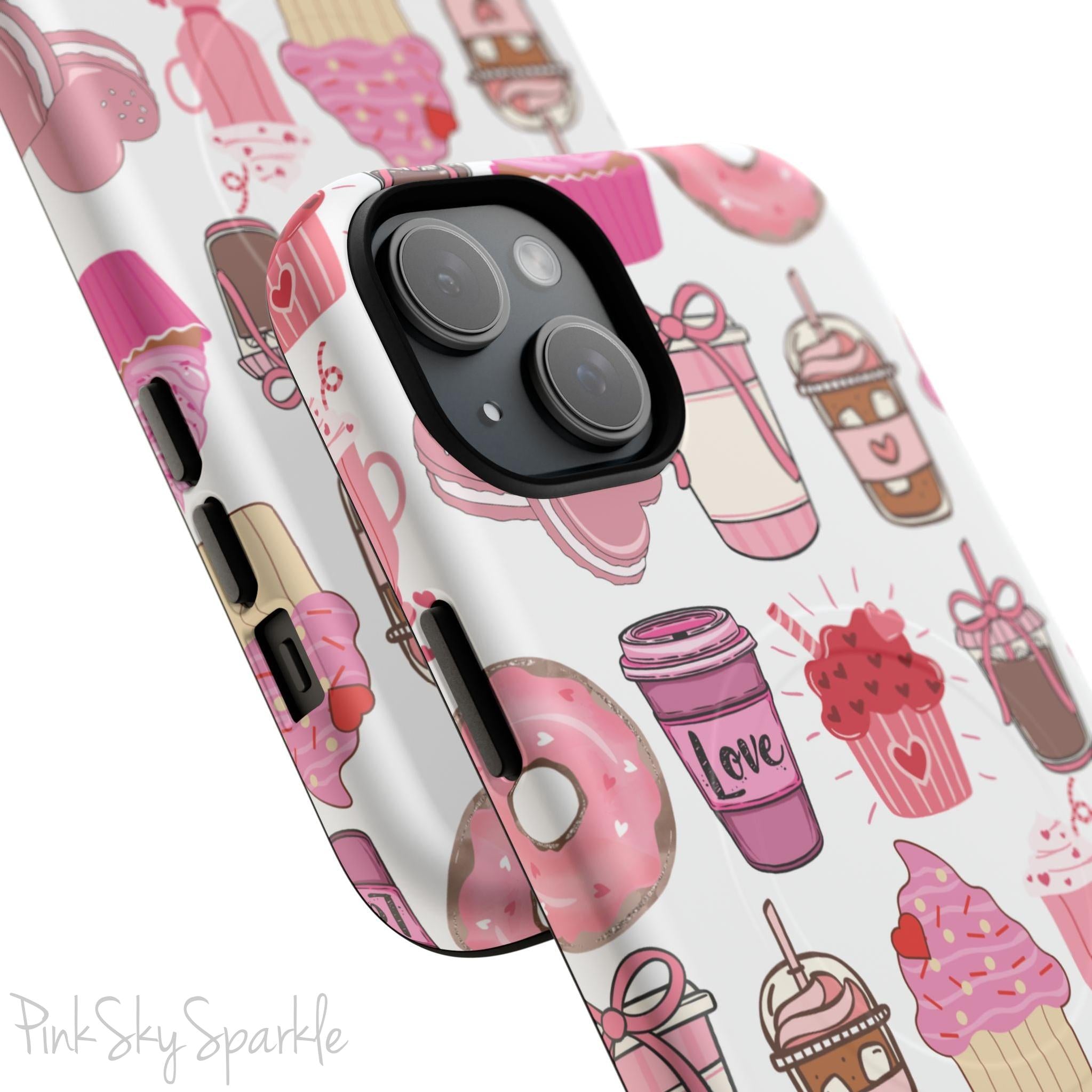 Magnetic iPhone case featuring a Valentine’s Day-themed design with pink cupcakes, donuts, coffee cups, and sweets on a white background, perfect for festive protection and style.