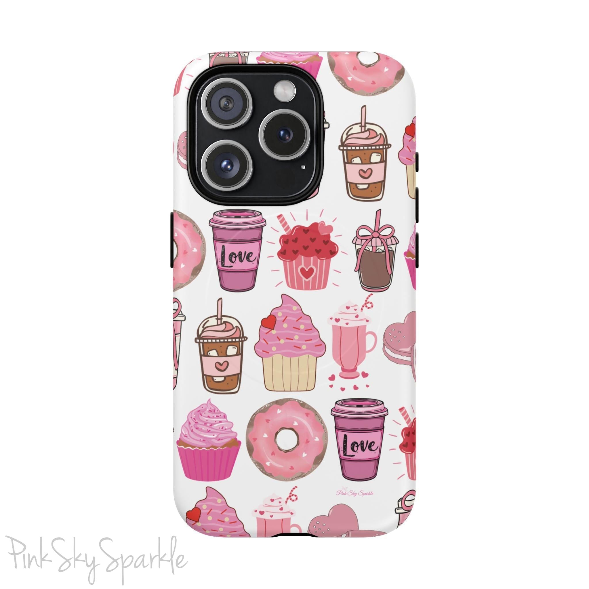 Magnetic iPhone case featuring a Valentine’s Day-themed design with pink cupcakes, donuts, coffee cups, and sweets on a white background, perfect for festive protection and style.