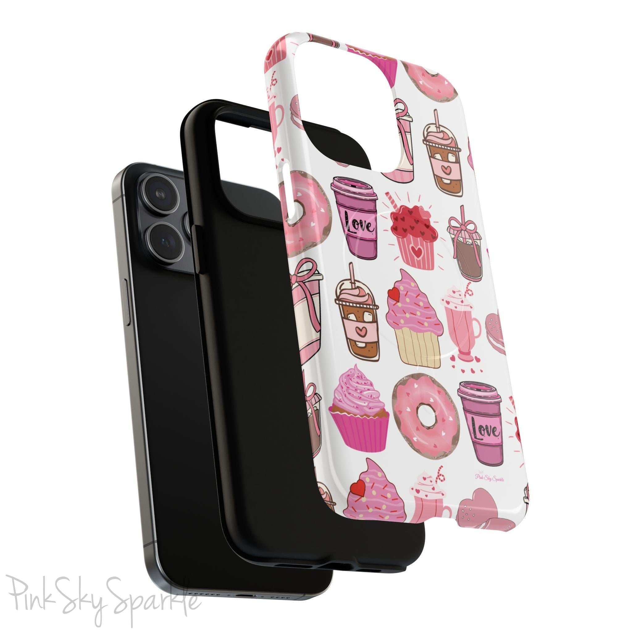 Magnetic iPhone case featuring a Valentine’s Day-themed design with pink cupcakes, donuts, coffee cups, and sweets on a white background, perfect for festive protection and style.