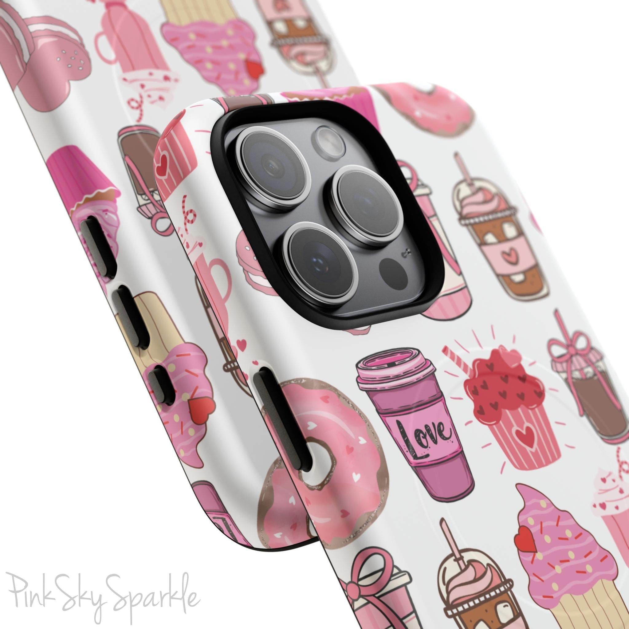 Magnetic iPhone case featuring a Valentine’s Day-themed design with pink cupcakes, donuts, coffee cups, and sweets on a white background, perfect for festive protection and style.