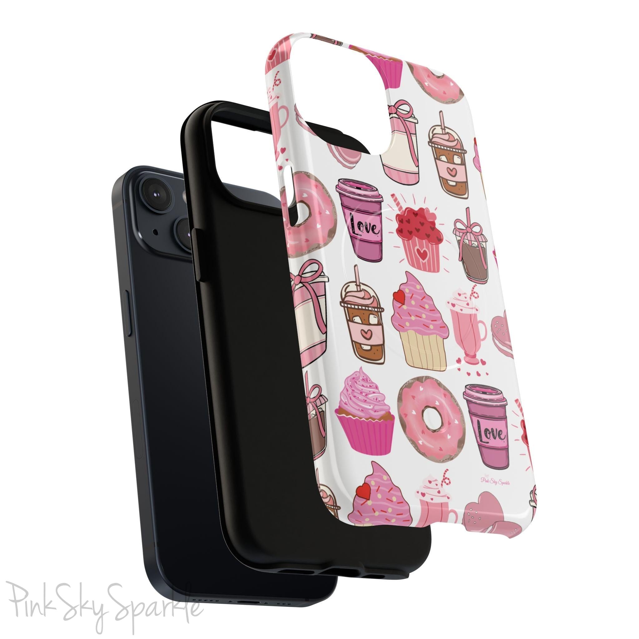 Magnetic iPhone case featuring a Valentine’s Day-themed design with pink cupcakes, donuts, coffee cups, and sweets on a white background, perfect for festive protection and style.