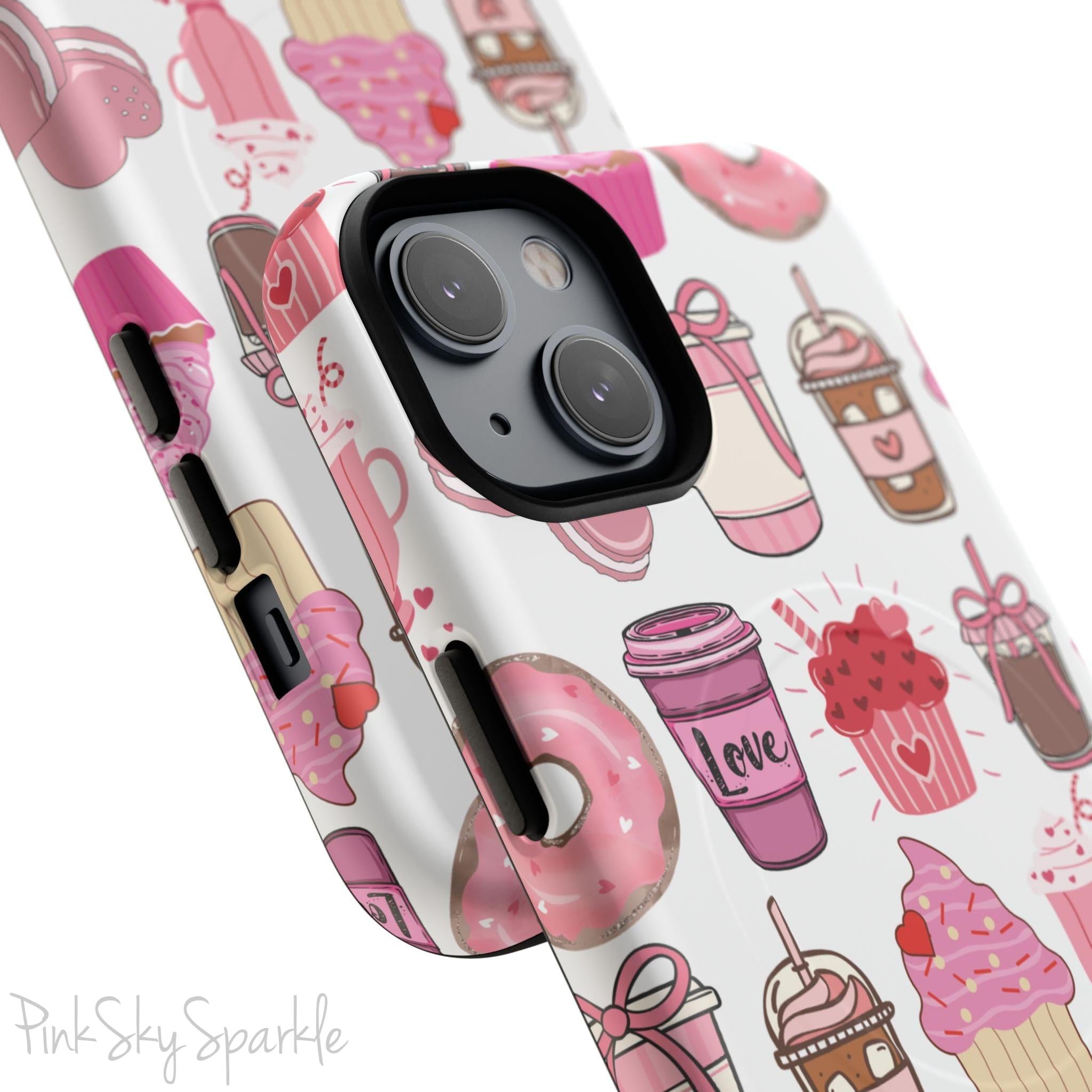 Magnetic iPhone case featuring a Valentine’s Day-themed design with pink cupcakes, donuts, coffee cups, and sweets on a white background, perfect for festive protection and style.