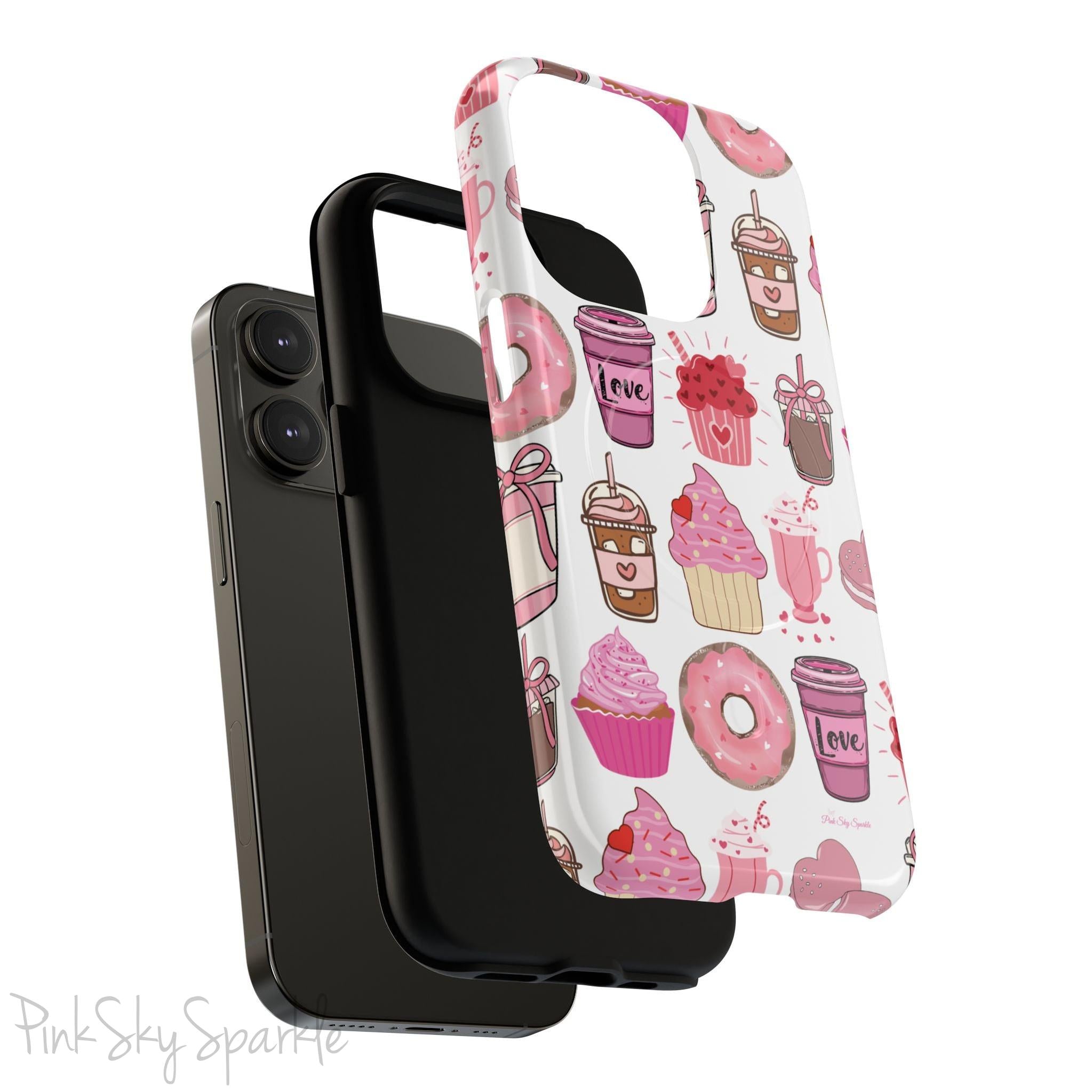 Magnetic iPhone case featuring a Valentine’s Day-themed design with pink cupcakes, donuts, coffee cups, and sweets on a white background, perfect for festive protection and style.