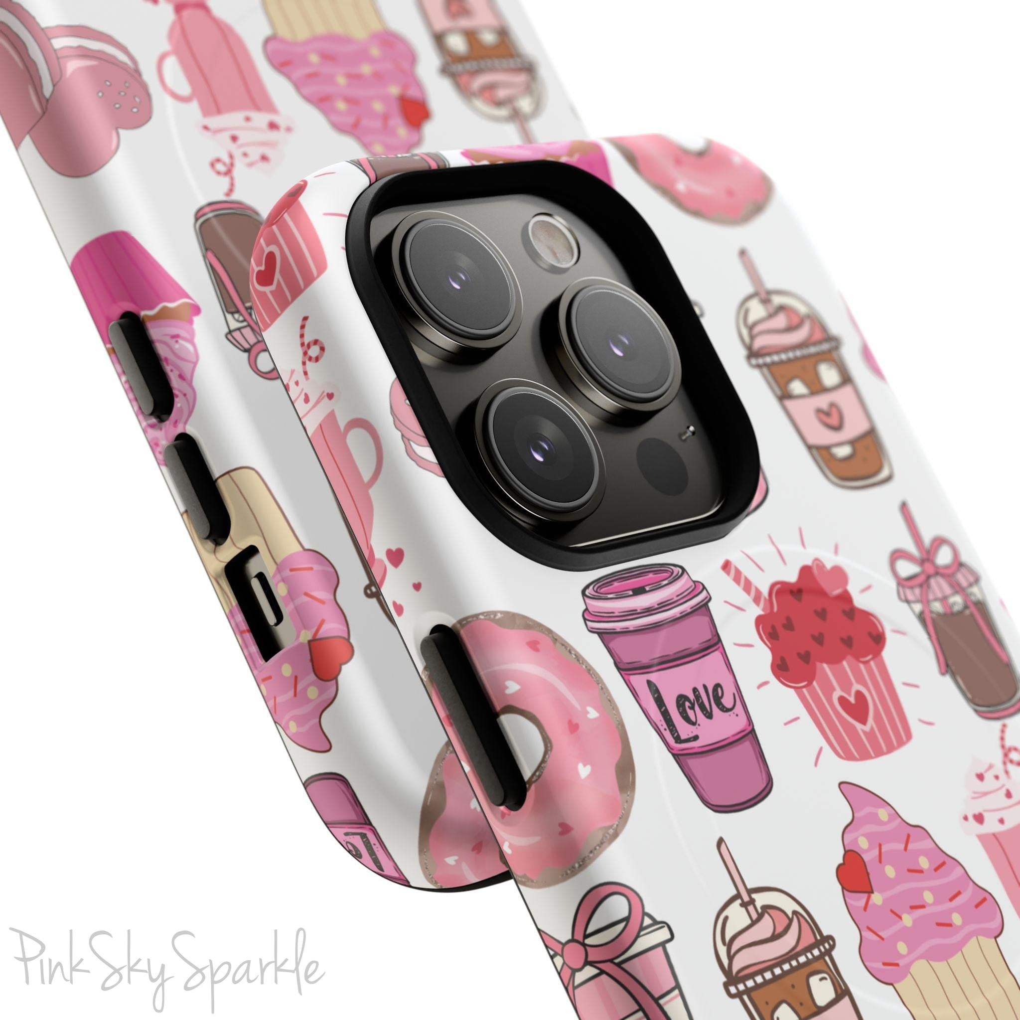 Magnetic iPhone case featuring a Valentine’s Day-themed design with pink cupcakes, donuts, coffee cups, and sweets on a white background, perfect for festive protection and style.