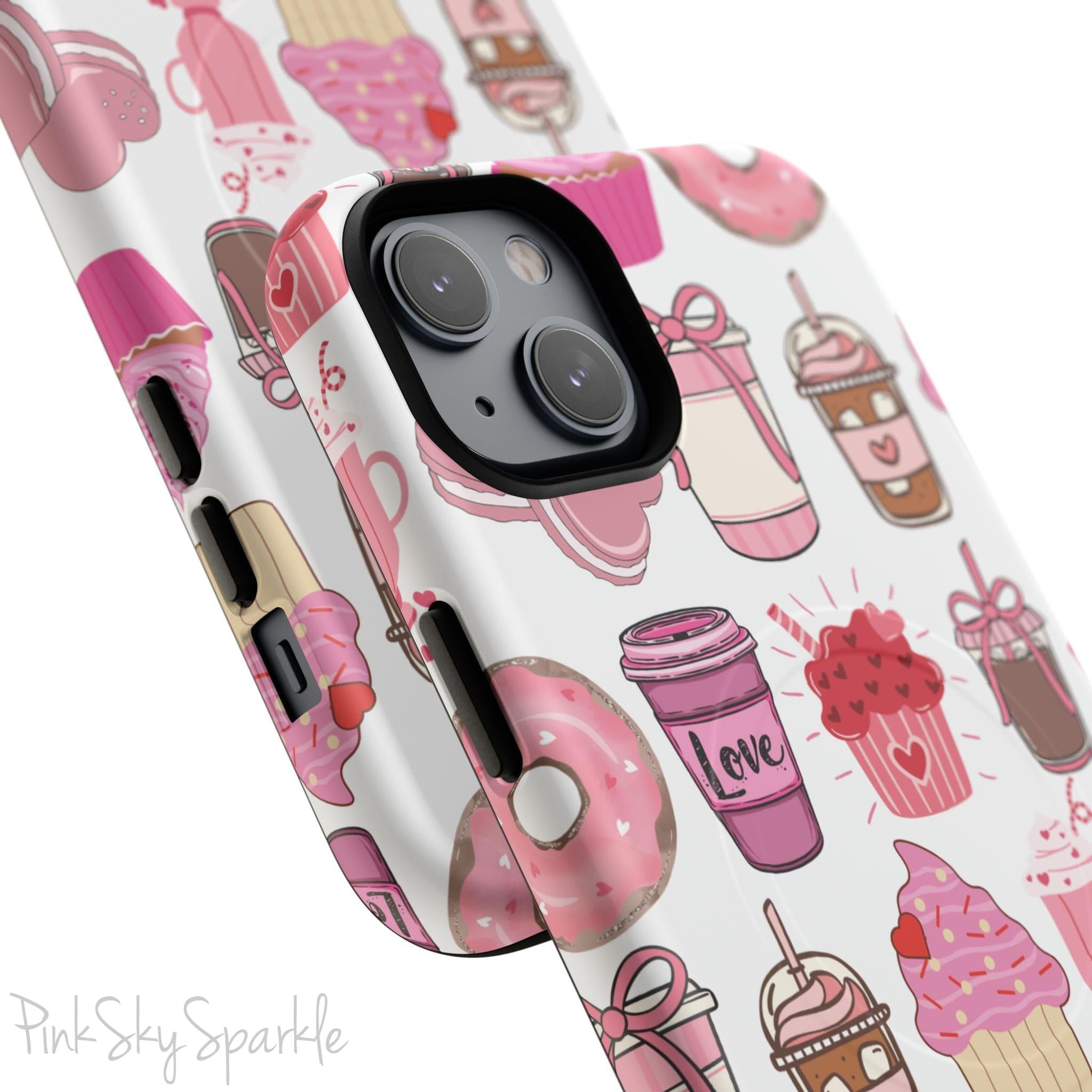 Magnetic iPhone case featuring a Valentine’s Day-themed design with pink cupcakes, donuts, coffee cups, and sweets on a white background, perfect for festive protection and style.