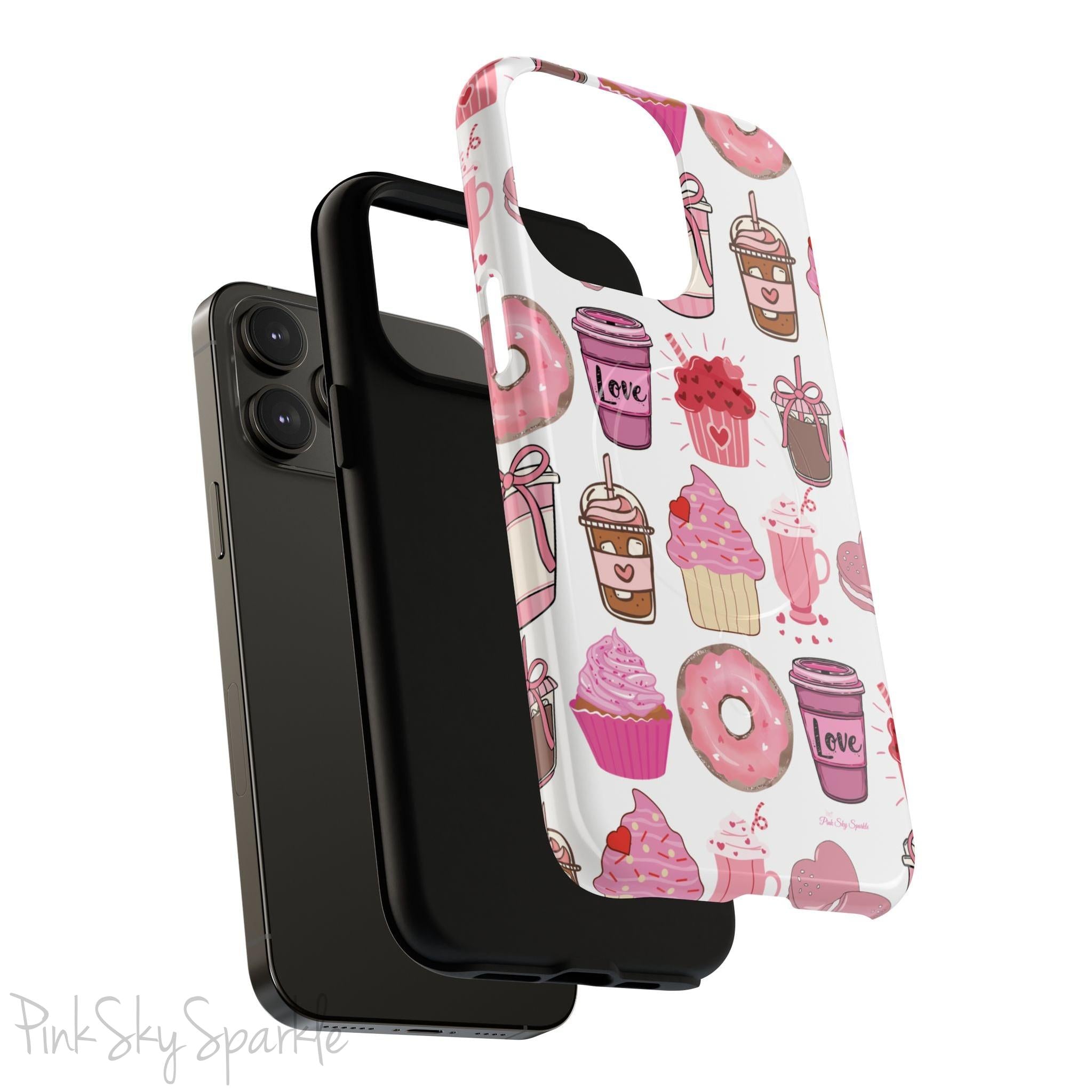 Magnetic iPhone case featuring a Valentine’s Day-themed design with pink cupcakes, donuts, coffee cups, and sweets on a white background, perfect for festive protection and style.