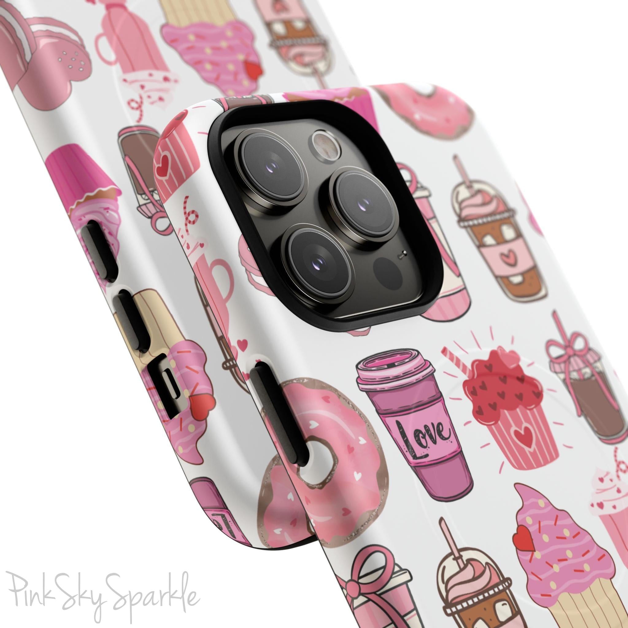 Magnetic iPhone case featuring a Valentine’s Day-themed design with pink cupcakes, donuts, coffee cups, and sweets on a white background, perfect for festive protection and style.