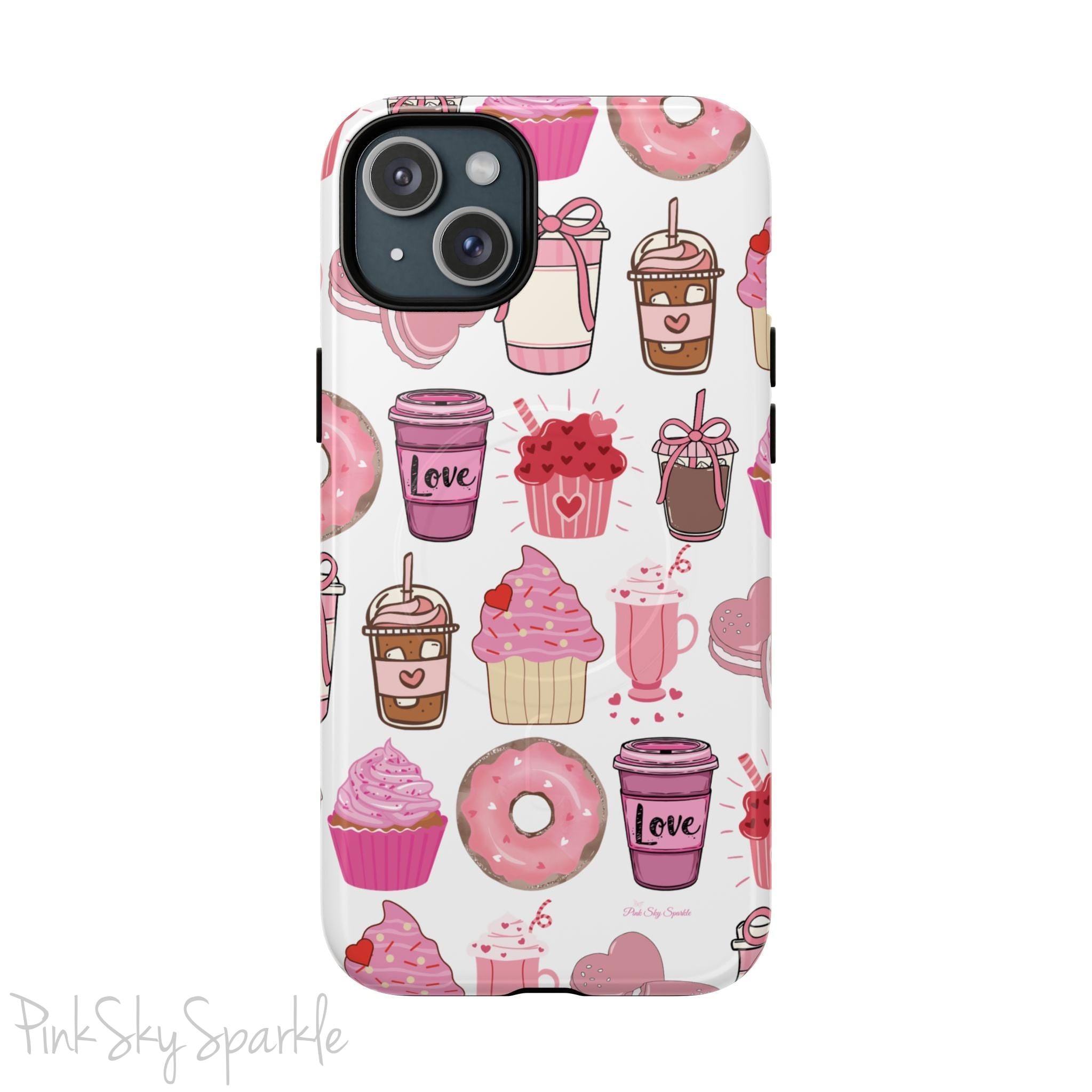 Magnetic iPhone case featuring a Valentine’s Day-themed design with pink cupcakes, donuts, coffee cups, and sweets on a white background, perfect for festive protection and style.
