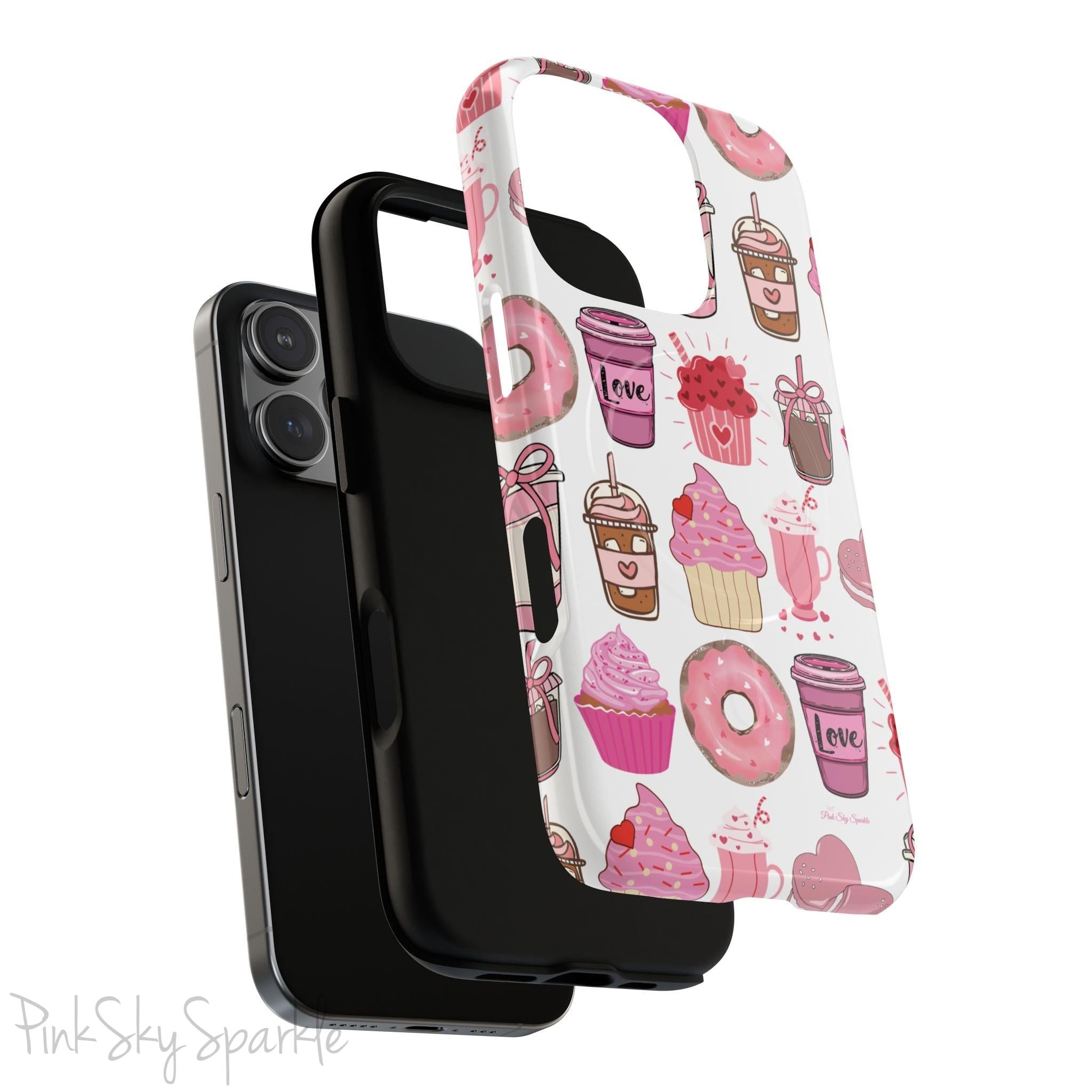 Magnetic iPhone case featuring a Valentine’s Day-themed design with pink cupcakes, donuts, coffee cups, and sweets on a white background, perfect for festive protection and style.