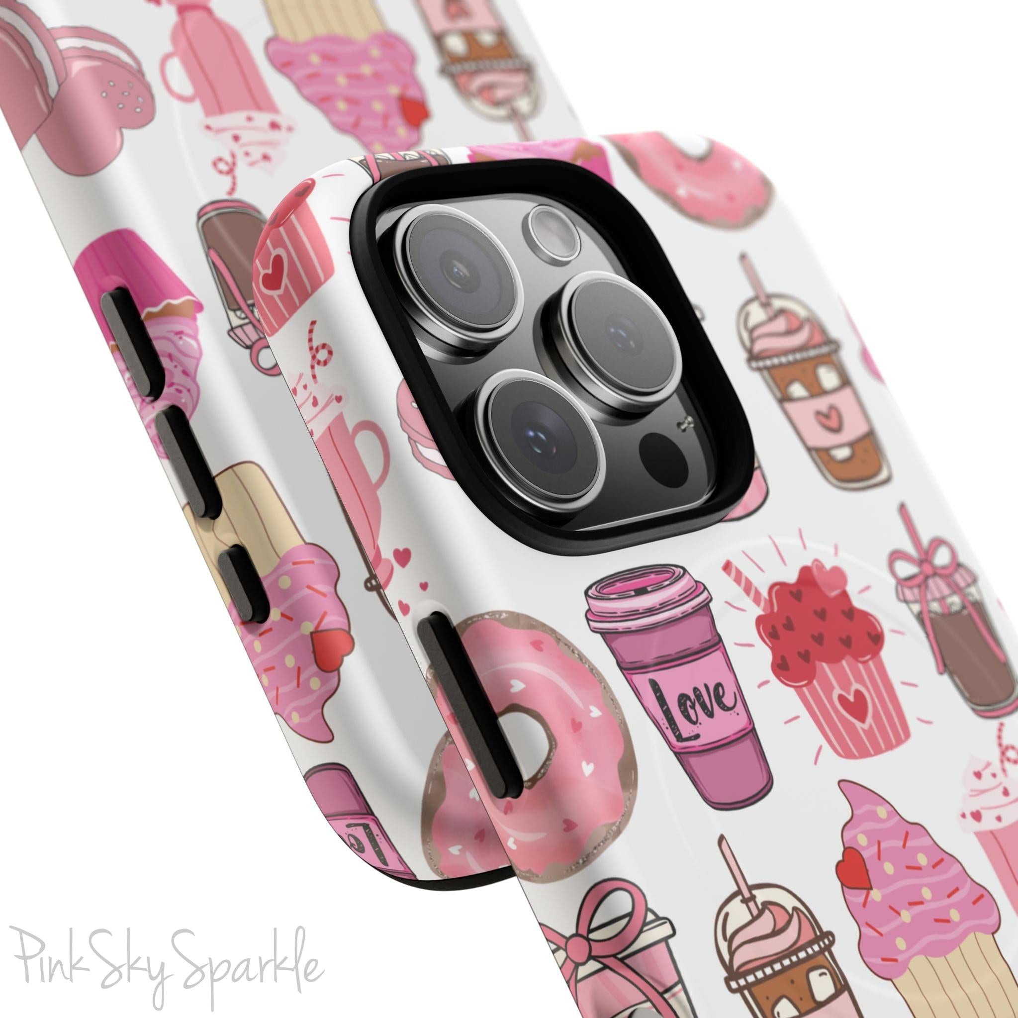 Magnetic iPhone case featuring a Valentine’s Day-themed design with pink cupcakes, donuts, coffee cups, and sweets on a white background, perfect for festive protection and style.