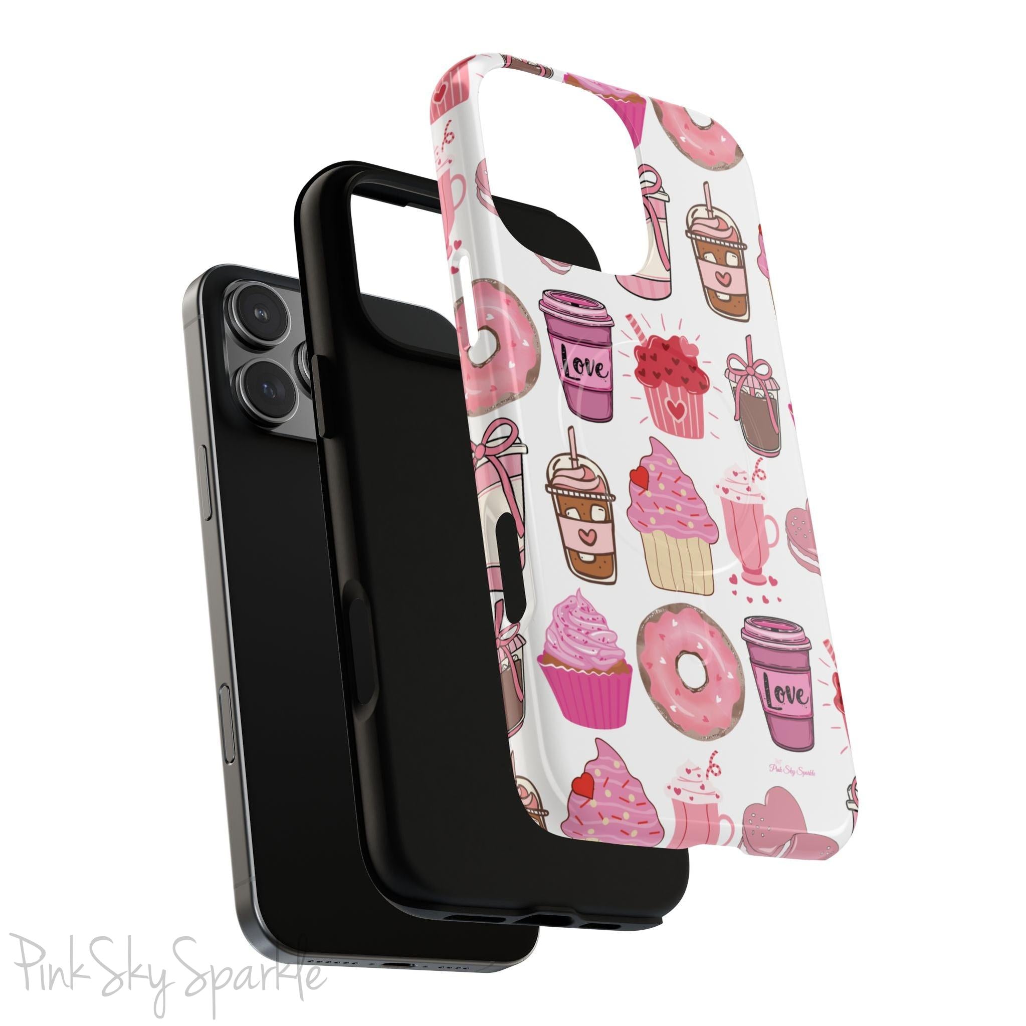Magnetic iPhone case featuring a Valentine’s Day-themed design with pink cupcakes, donuts, coffee cups, and sweets on a white background, perfect for festive protection and style.