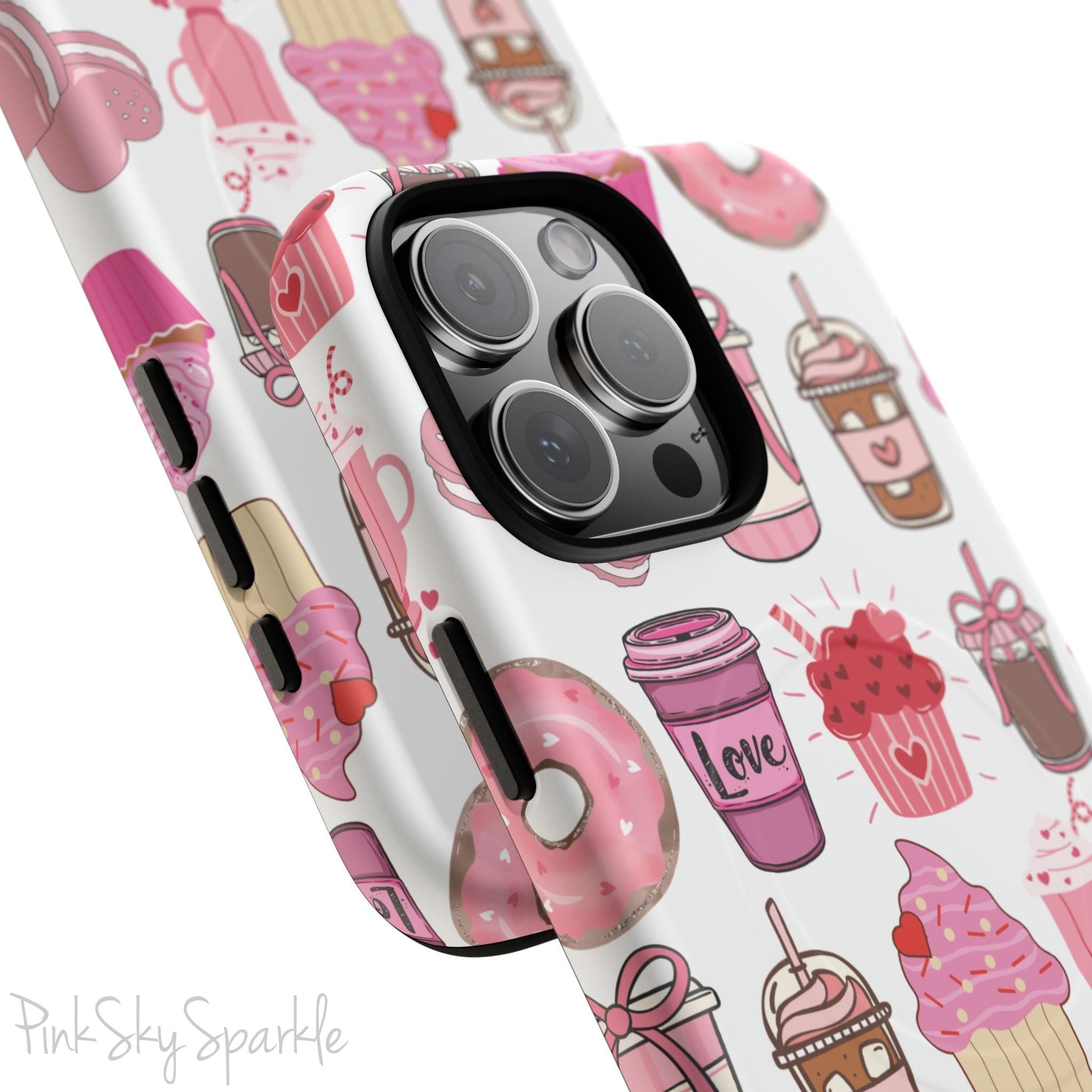 Magnetic iPhone case featuring a Valentine’s Day-themed design with pink cupcakes, donuts, coffee cups, and sweets on a white background, perfect for festive protection and style.