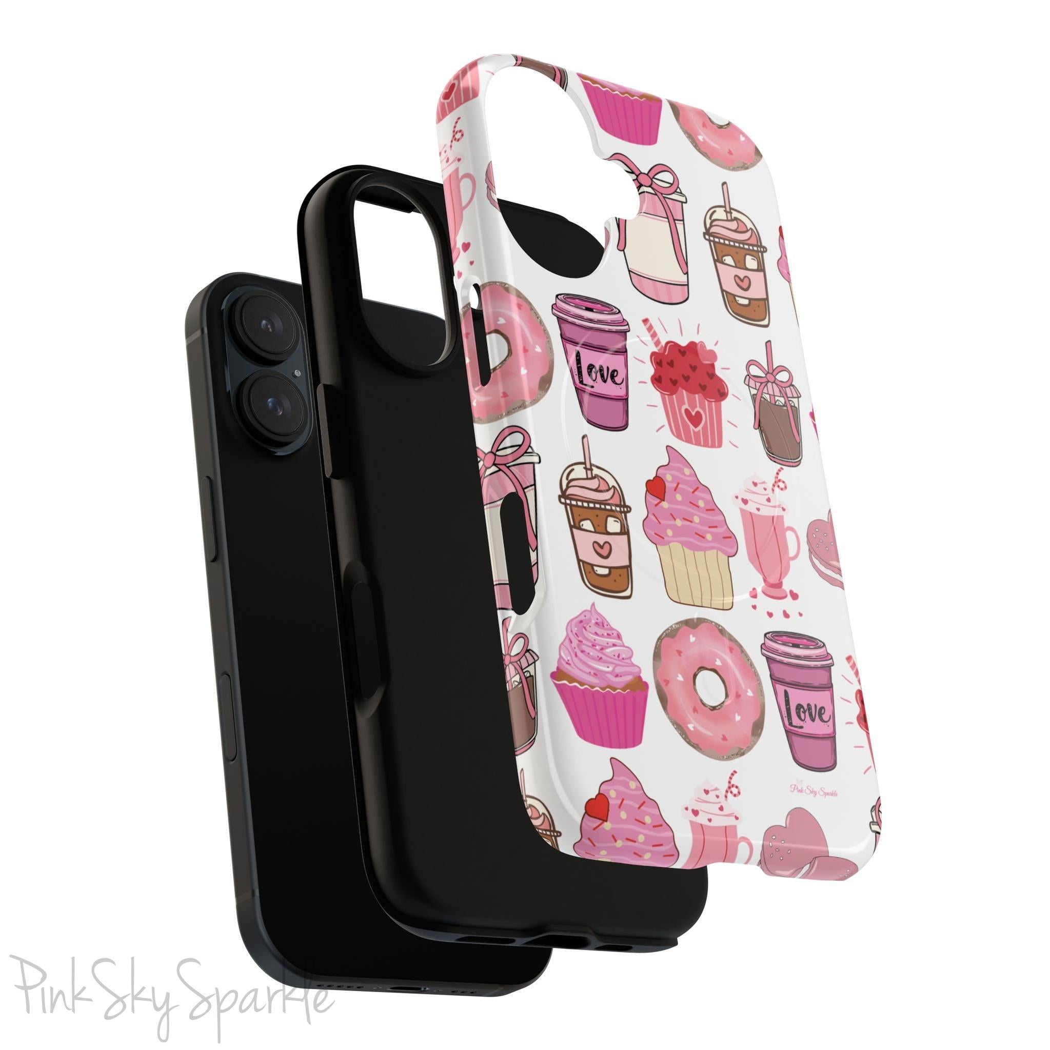 Magnetic iPhone case featuring a Valentine’s Day-themed design with pink cupcakes, donuts, coffee cups, and sweets on a white background, perfect for festive protection and style.