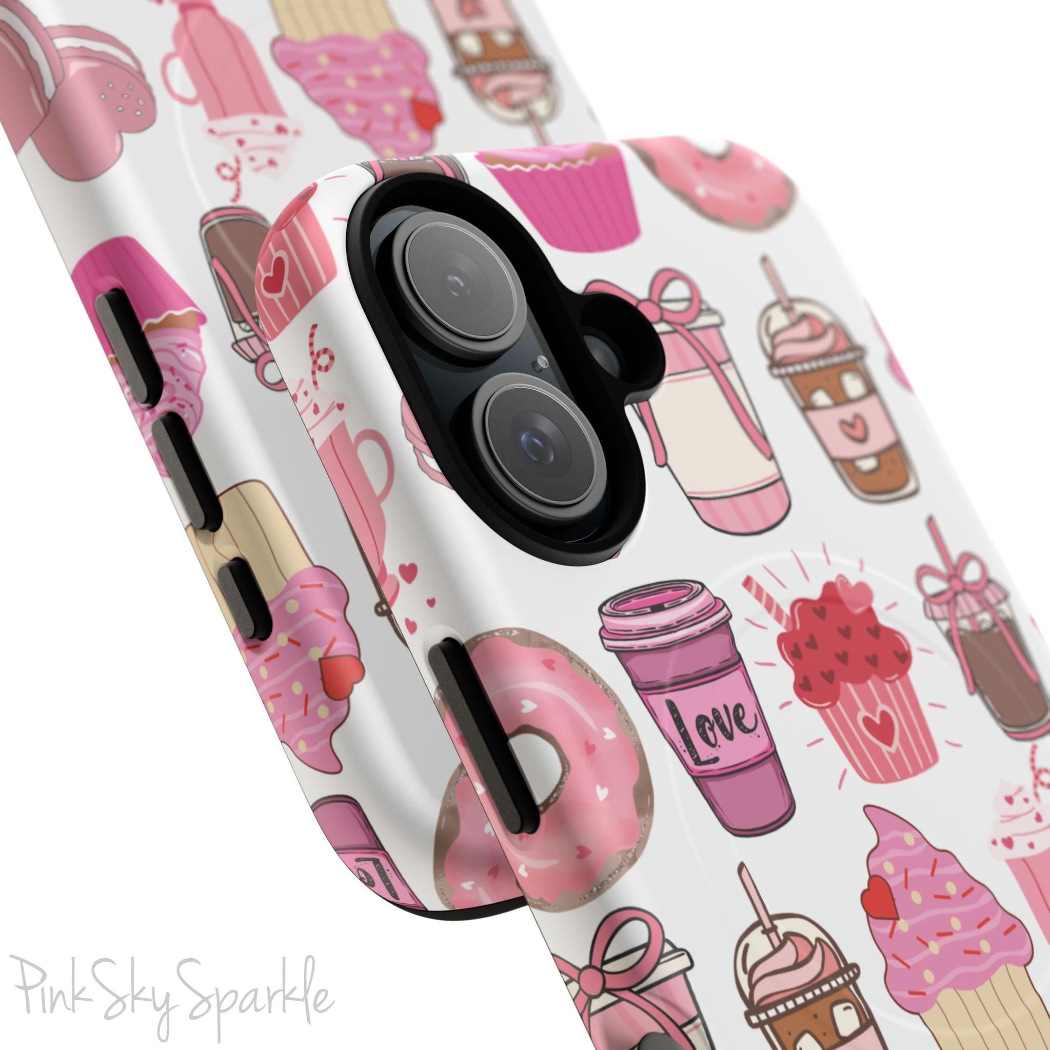 Magnetic iPhone case featuring a Valentine’s Day-themed design with pink cupcakes, donuts, coffee cups, and sweets on a white background, perfect for festive protection and style.