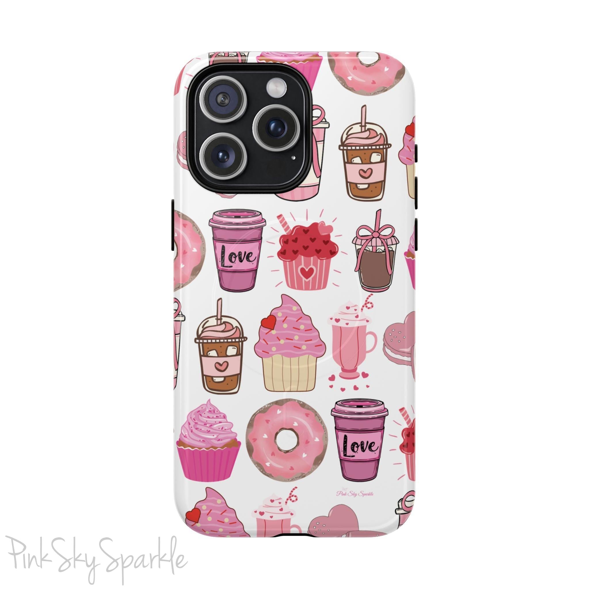 Magnetic iPhone case featuring a Valentine’s Day-themed design with pink cupcakes, donuts, coffee cups, and sweets on a white background, perfect for festive protection and style.