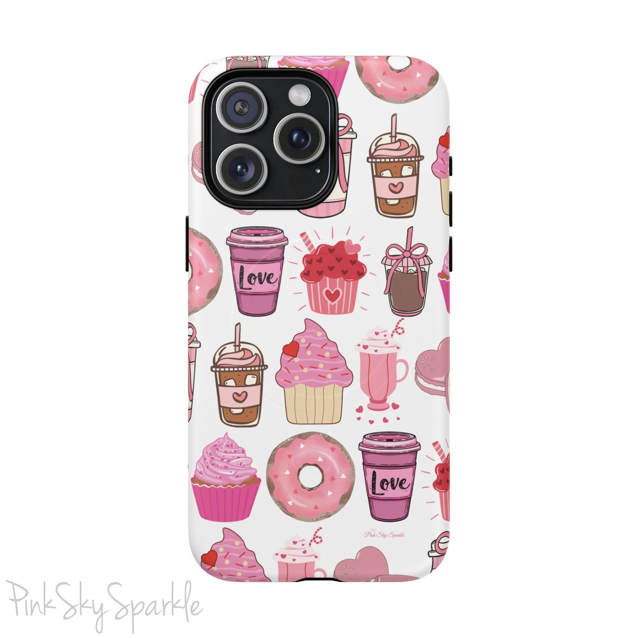 Magnetic iPhone case featuring a Valentine’s Day-themed design with pink cupcakes, donuts, coffee cups, and sweets on a white background, perfect for festive protection and style.