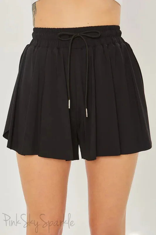 Black skort-style 2-layer active shorts with drawstring waistband – Pink Sky Sparkle