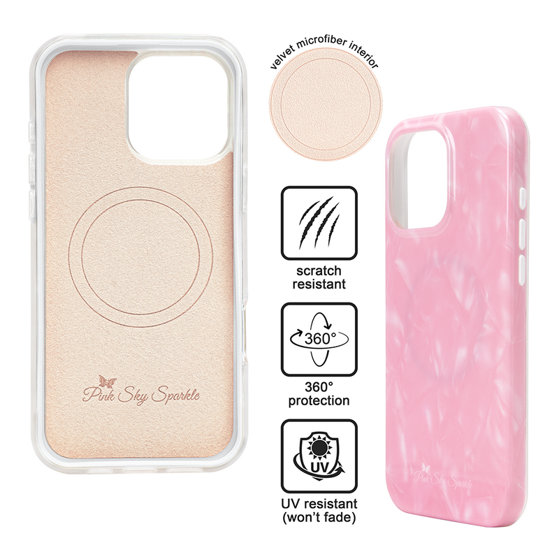 Clear iPhone 16 Pro Max Phone Case with a pink border and a cherry, strawberry, ice cream cone and ice pop design next to a bowl of berries and cherries and pink ice cream cone. 