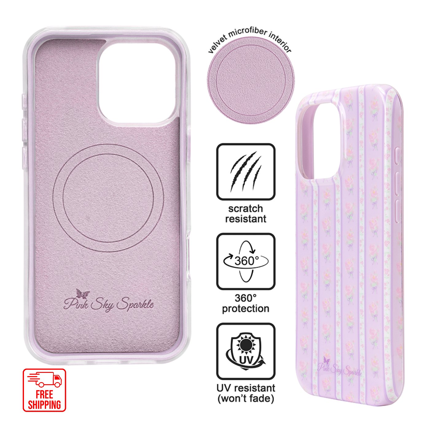 Clear iPhone 16 Pro Max Phone Case with a pink border and a cherry, strawberry, ice cream cone and ice pop design next to a bowl of berries and cherries and pink ice cream cone. 