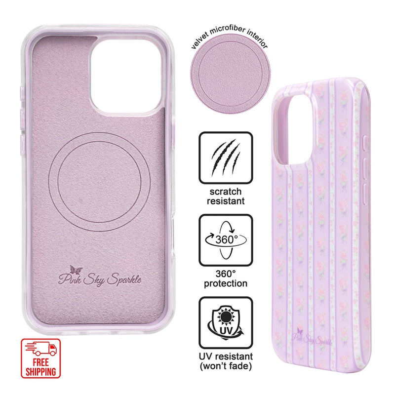 Clear iPhone 16 Pro Max Phone Case with a pink border and a cherry, strawberry, ice cream cone and ice pop design next to a bowl of berries and cherries and pink ice cream cone. 